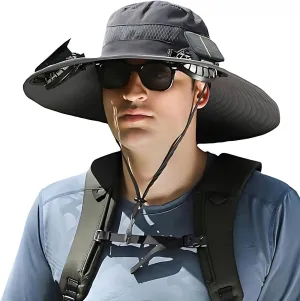 Solar Fan Hat, Wide Brim Solar Fan Hat Outdoor Fishing, Solar & USB Charging Sombrero which for Unisex