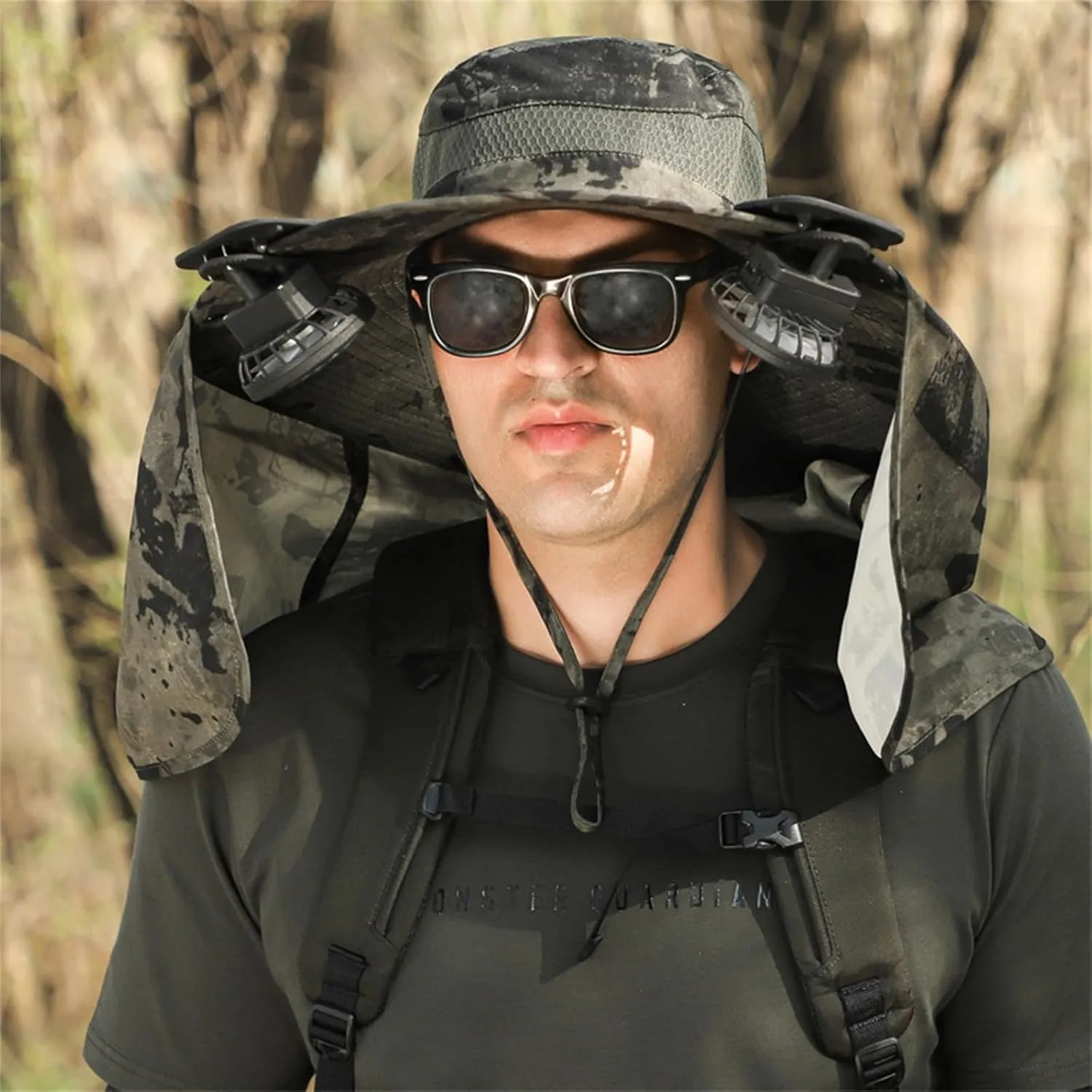 Solar Fan Hats for Men Women, UPF 50  Wide Brim Sun Hats with 2 Solar Fan, Breathable Bucket Hat Outdoor Fishing Hats