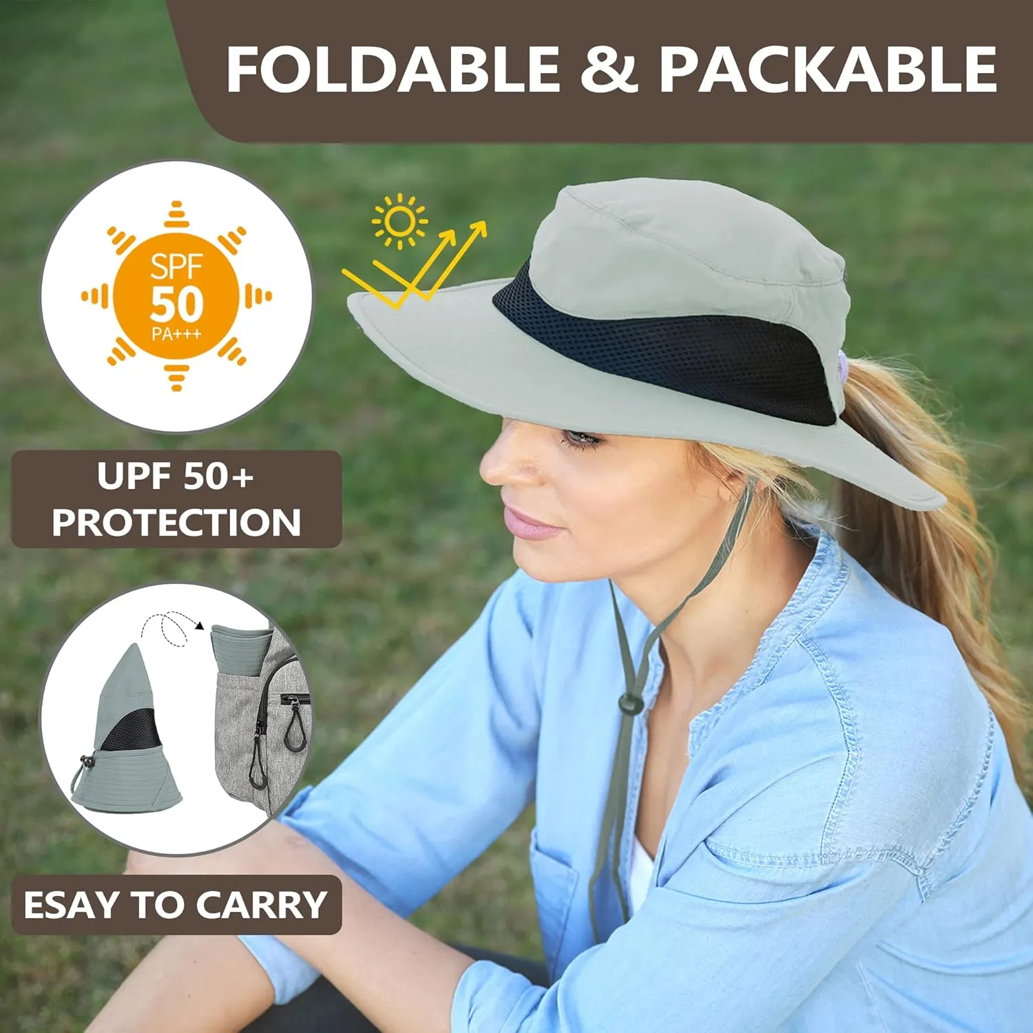Solaris Ponytail Hole Sun Hats for Women, UPF 50  Sun Protection Outdoor Tribe Packable Cooling Hat for Gardening
