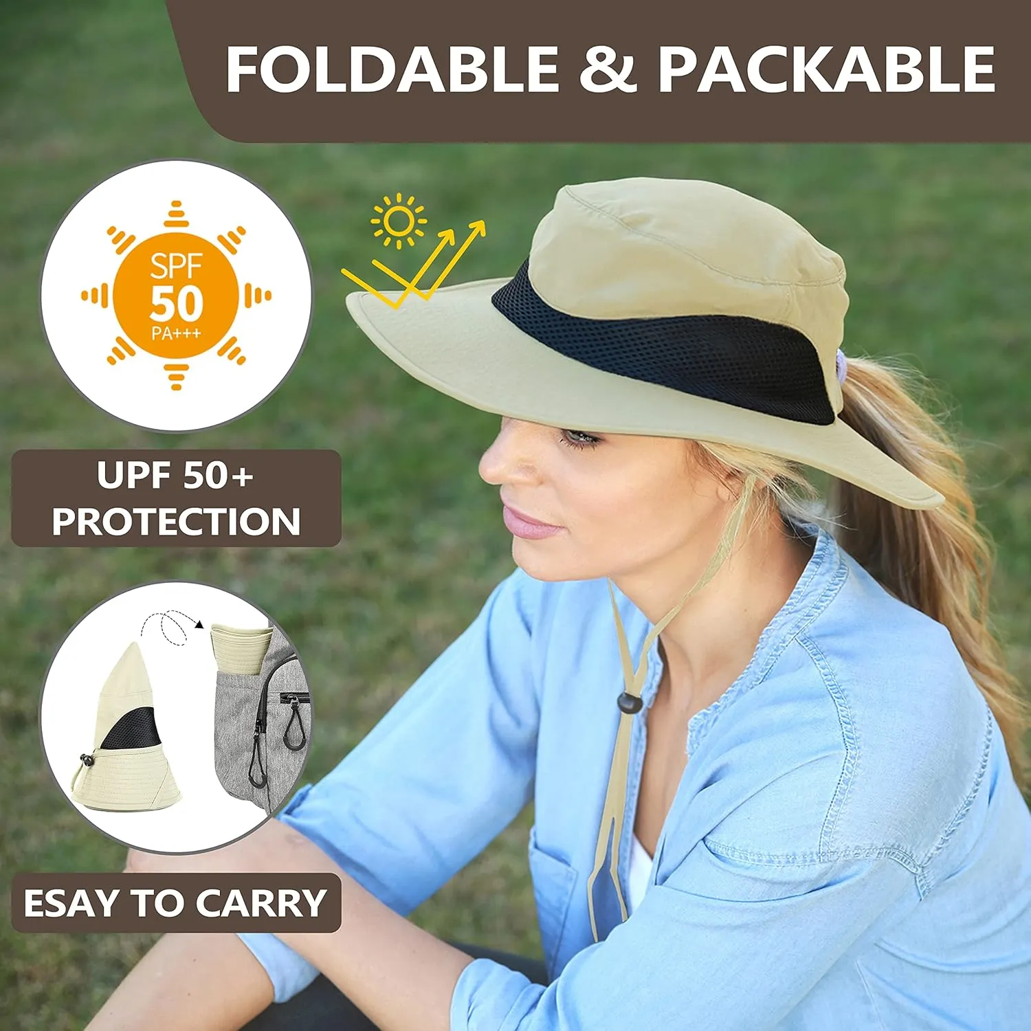 Solaris Ponytail Hole Sun Hats for Women, UPF 50  Sun Protection Outdoor Tribe Packable Cooling Hat for Gardening