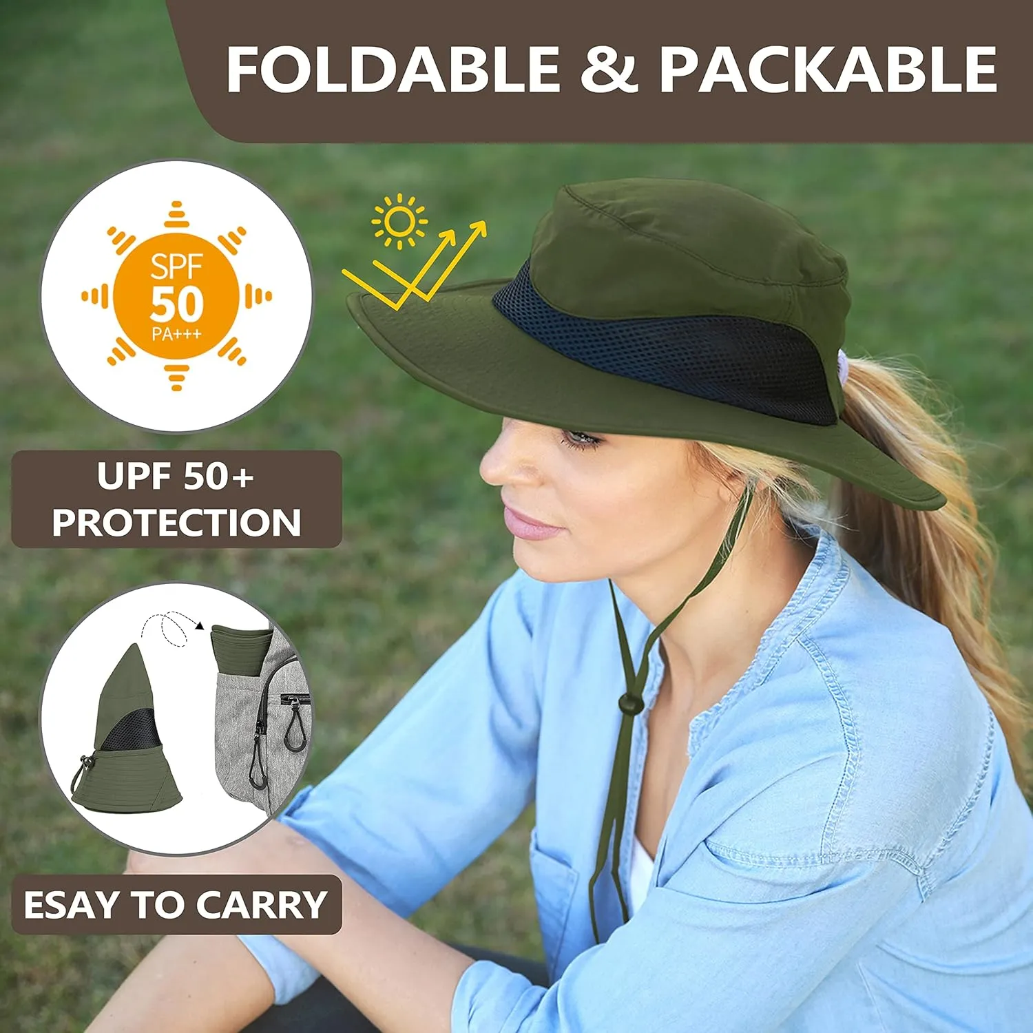 Solaris Ponytail Hole Sun Hats for Women, UPF 50  Sun Protection Outdoor Tribe Packable Cooling Hat for Gardening