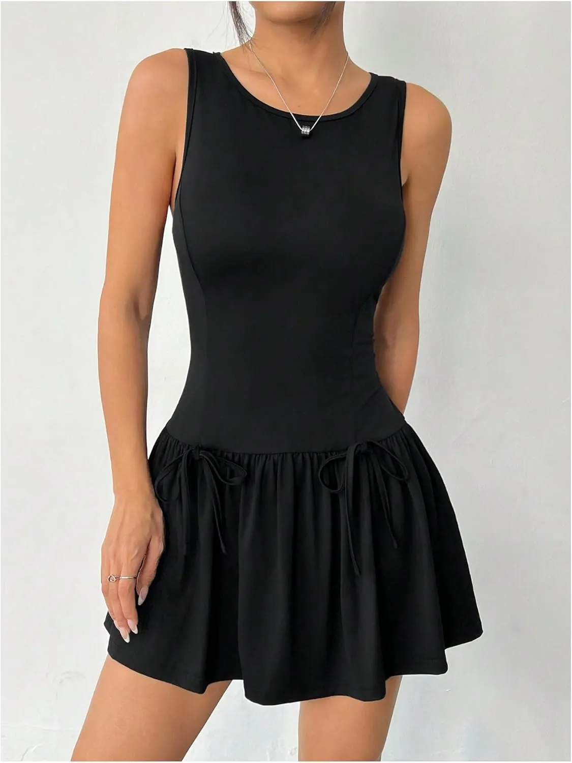 SOLY HUX Women's Sleeveless Mini Dress Crew Neck A Line Ruffle Hem Bow Y2k Summer Tank Dresses