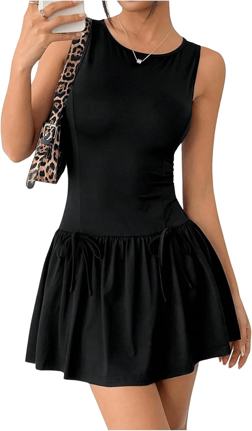 SOLY HUX Women's Sleeveless Mini Dress Crew Neck A Line Ruffle Hem Bow Y2k Summer Tank Dresses