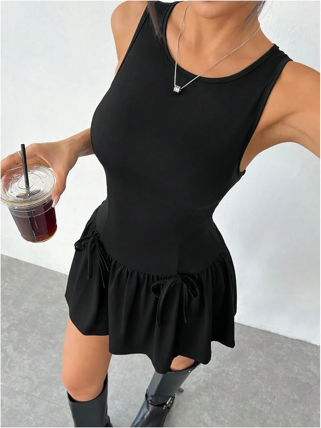 SOLY HUX Women's Sleeveless Mini Dress Crew Neck A Line Ruffle Hem Bow Y2k Summer Tank Dresses