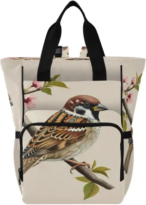 Sparrow Blossom Branch Diaper Bag Backpack, Unisex Travel Baby Backpack Diaper Bags with Stroller Straps & Pacifier Case, Large Capacity Waterproof Diaper Backpack