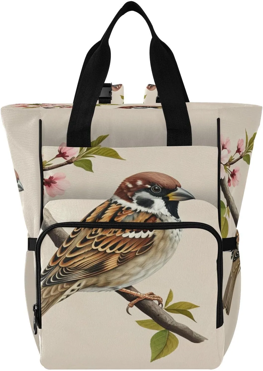 Sparrow Blossom Branch Diaper Bag Backpack, Unisex Travel Baby Backpack Diaper Bags with Stroller Straps & Pacifier Case, Large Capacity Waterproof Diaper Backpack