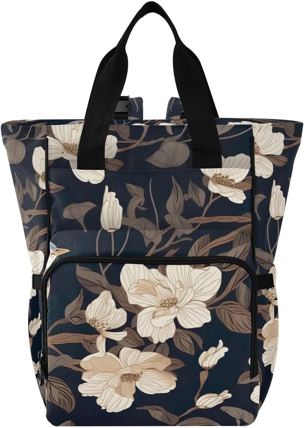 Sparrow White Flower Leaves Diaper Bag Backpack for Baby Boys Girls Multifunction Travel Tote with Stroller Straps & Bottle Storage Maternity Travel Bag for Traveling Shopping Hiking Moms Dads
