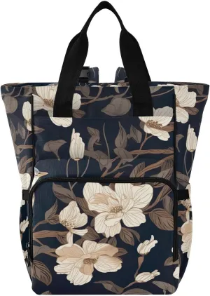 Sparrow White Flower Leaves Diaper Bag Backpack for Baby Boys Girls Multifunction Travel Tote with Stroller Straps & Bottle Storage Maternity Travel Bag for Traveling Shopping Hiking Moms Dads