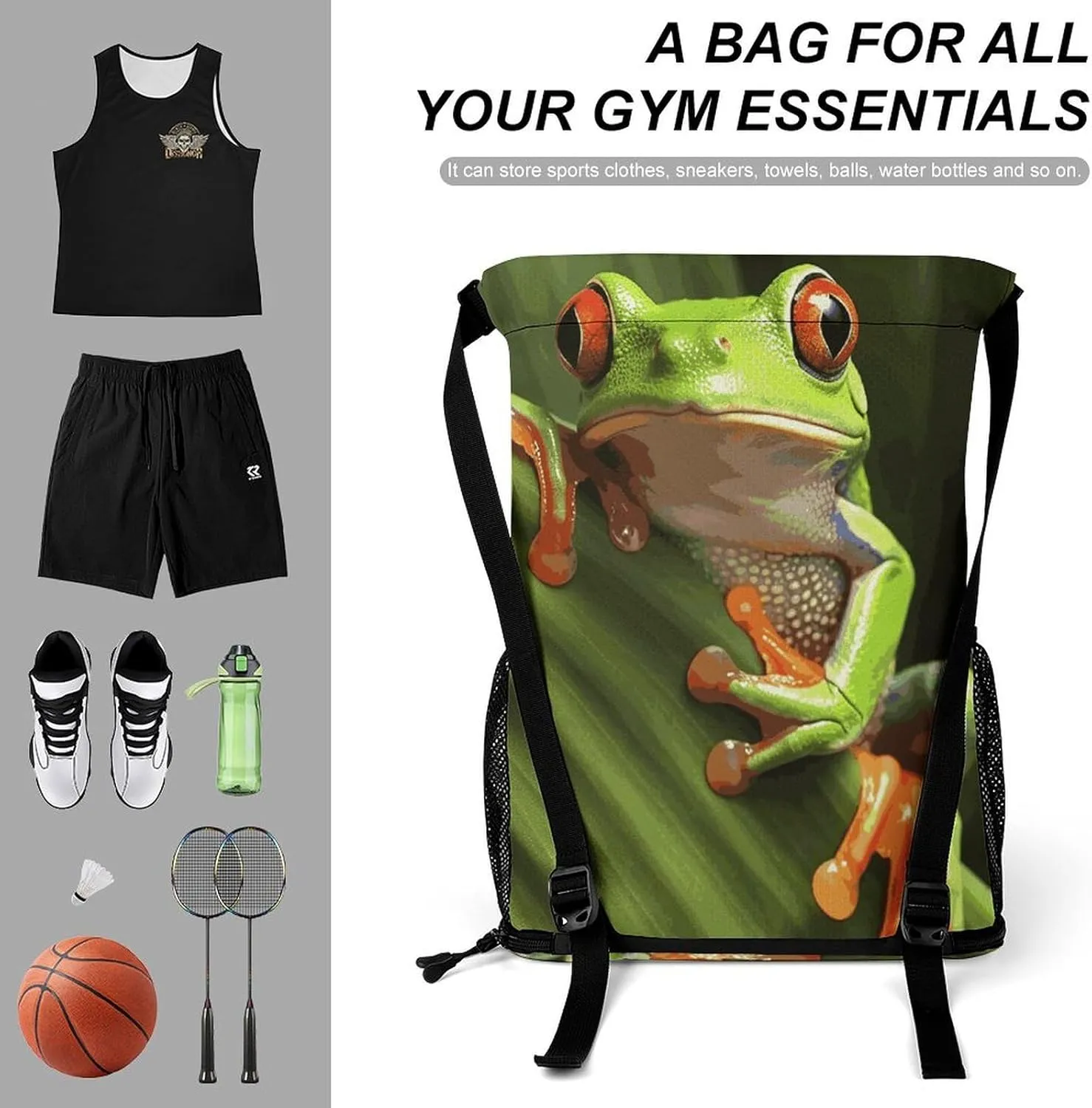 Sport Drawstring Backpack Beach Bag Tree Frog Drawstring Bag Suitable for Fitness And Swimming