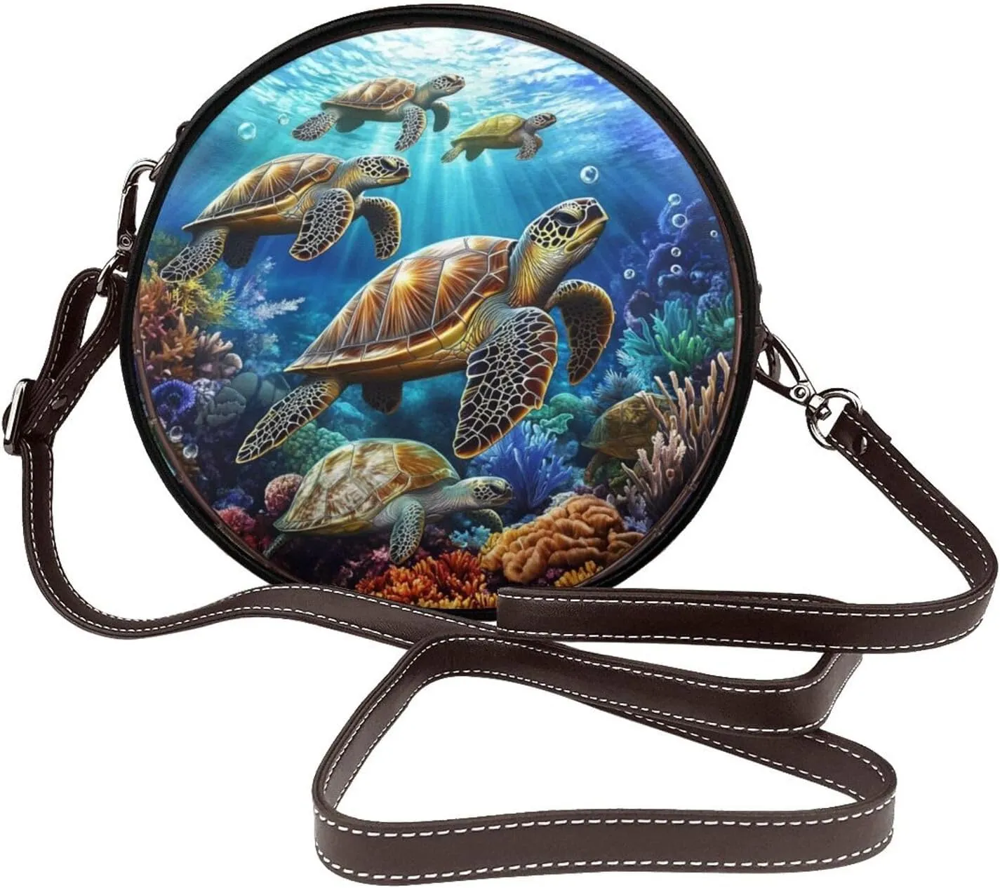 Stained Glass Group Of Turtles Swimming Women Round Crossbody Bags Leather Sling Bag Purse