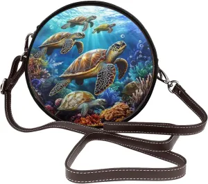 Stained Glass Group Of Turtles Swimming Women Round Crossbody Bags Leather Sling Bag Purse