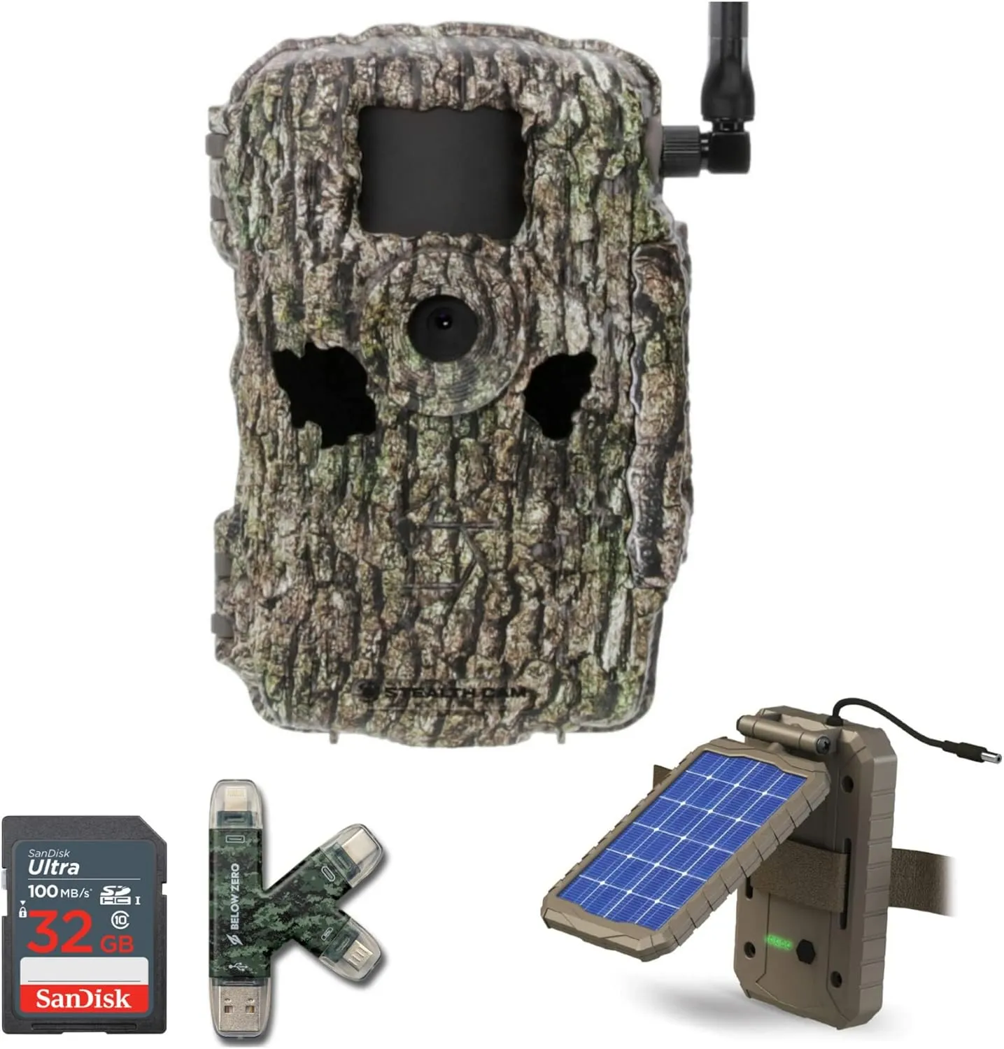 Stealth Cam Fusion X 26MP Dual Carrier Hunting Trail Camera (AT&T and Verizon) (Treebark Camo) Bundle Includes Lithium Solar Power Panel, 4-in-1 Card Reader and 32GB UHS-I Memory Card (4 Items)