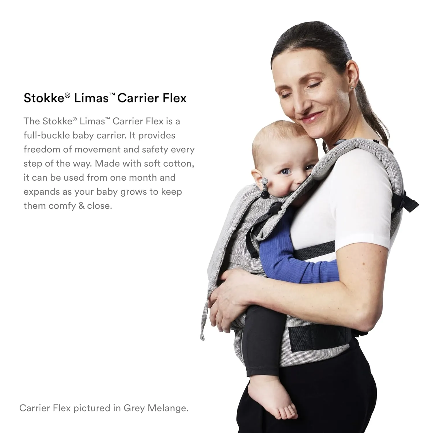 Stokke Limas Carrier Flex, Slate Melange - Full-Buckle Baby Carrier - Ergonomic with Adjustable Features - Three Carrying Options - Safe for Babies from 1 Month/8.8 lbs to 44.1 lbs