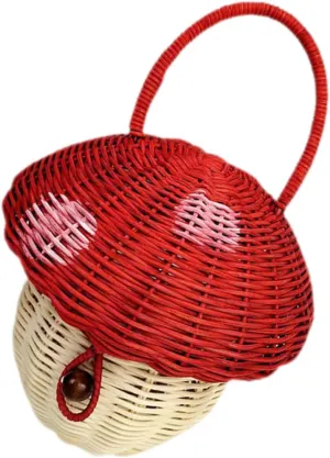 Storage Basket Girl Rattan Handbag Woven Mushroom Decor for Boys and Girls Fun Photo Prop and Storage Beads for Room Decor and Playtime