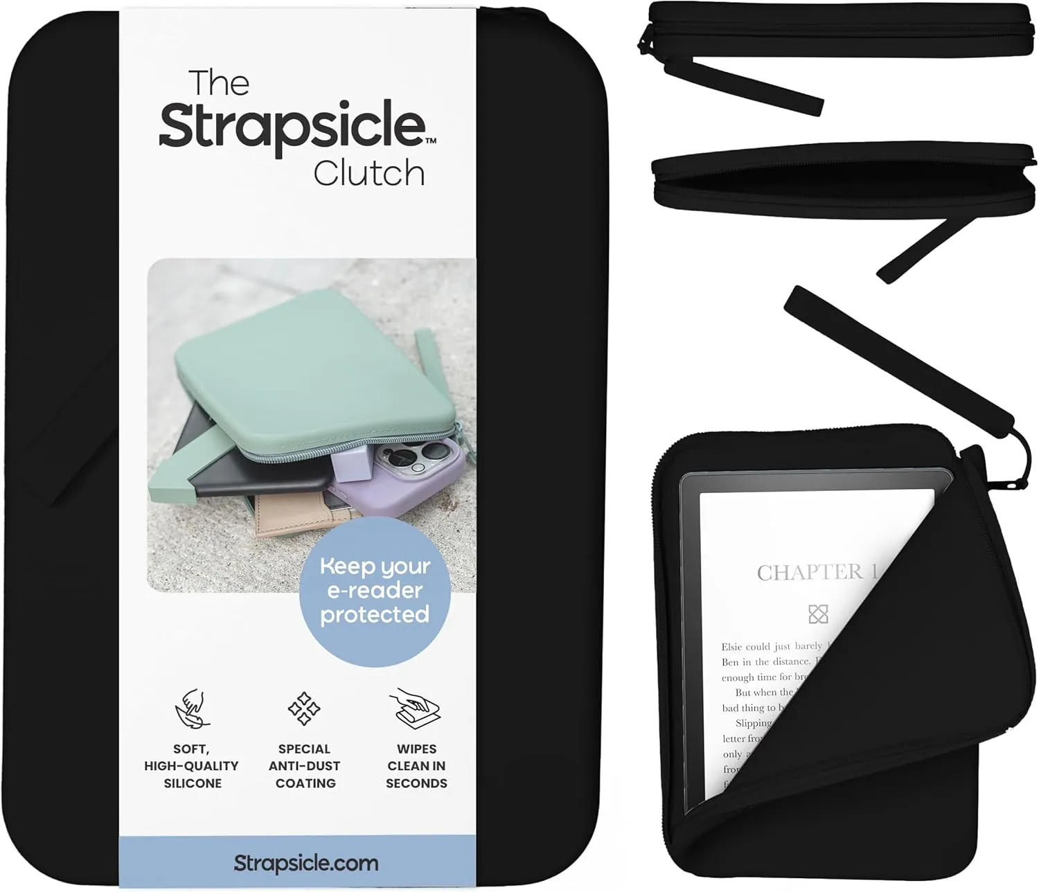 Strapsicle Silicone Clutch for Kindle & E-Readers – Multi-Purpose Bag for Phone, Wallet & Keys – Fits 6.8″–7″ Paperwhite 2024, 6″ Kindles, Kobos, Nook & iPad mini 6 – Anti-Dust Coating - Black