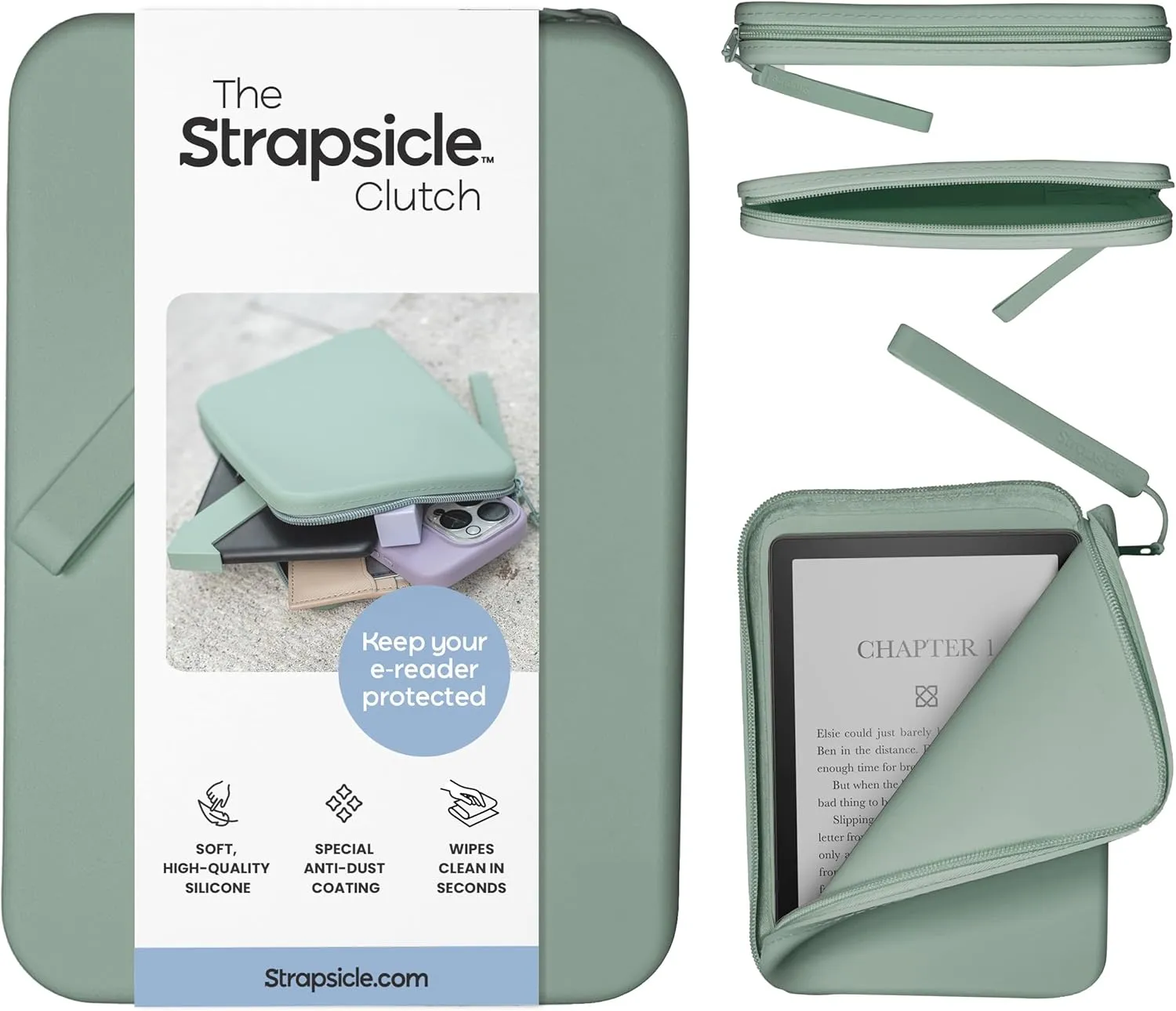Strapsicle Silicone Clutch for Kindle & E-Readers – Multi-Purpose Bag for Phone, Wallet & Keys – Fits 6.8″–7″ Paperwhite 2024, 6″ Kindles, Kobos, Nook & iPad mini 6 – Anti-Dust Coating - Sage