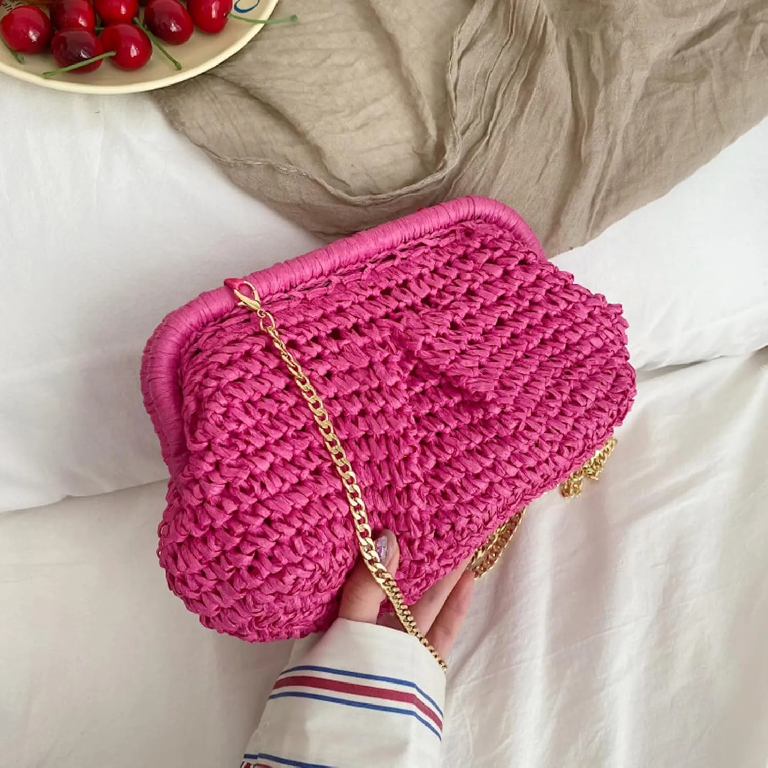 Straw Clutch Handbag Cloud Riched Purse Chain Shoulder Crossboby Bag Designer Straw Evening Bag