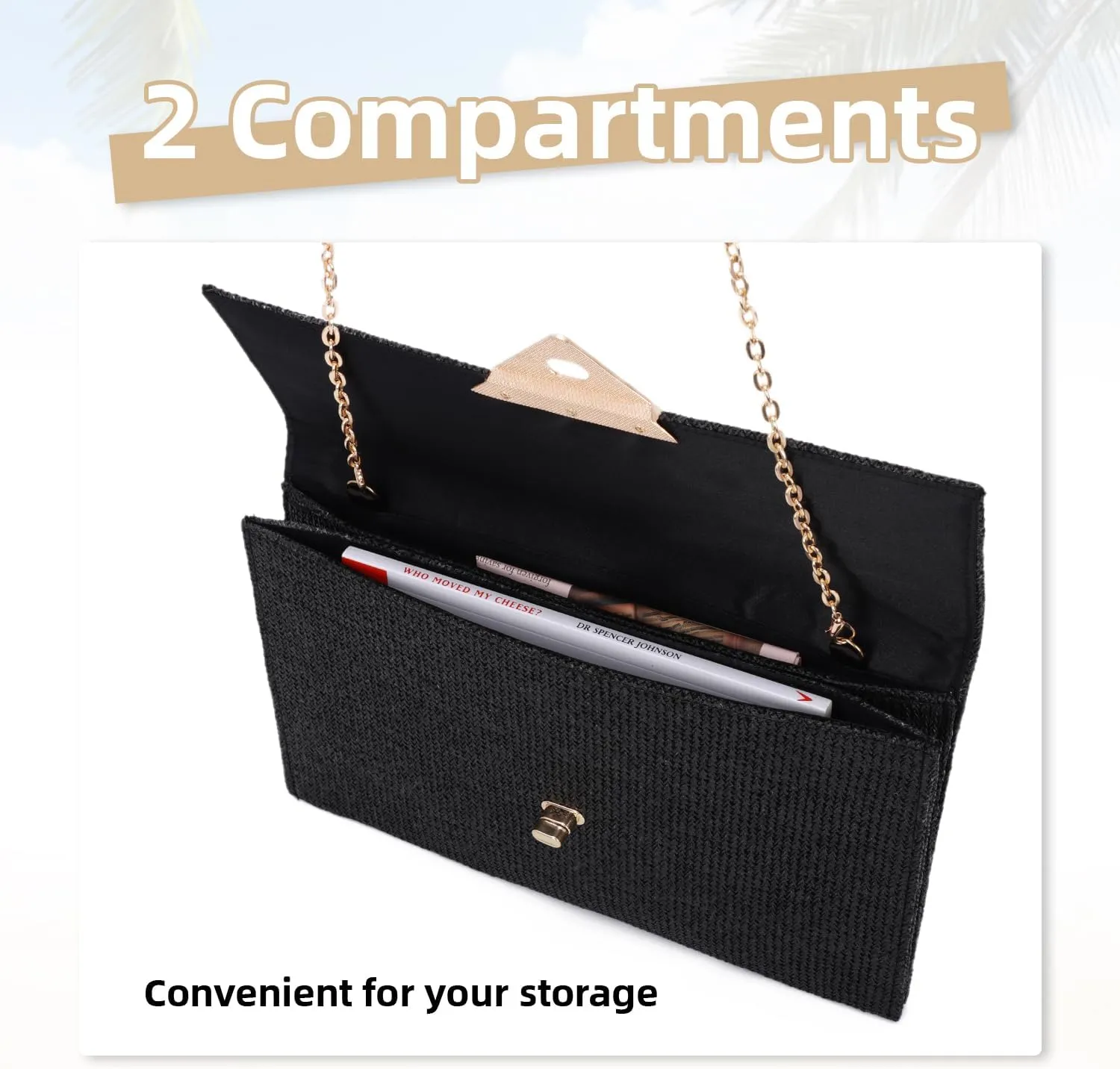 Straw Envelope Clutch Purses for Women, Summer Beach Woven Bags Boho Straw Purses with Chain for Vacation