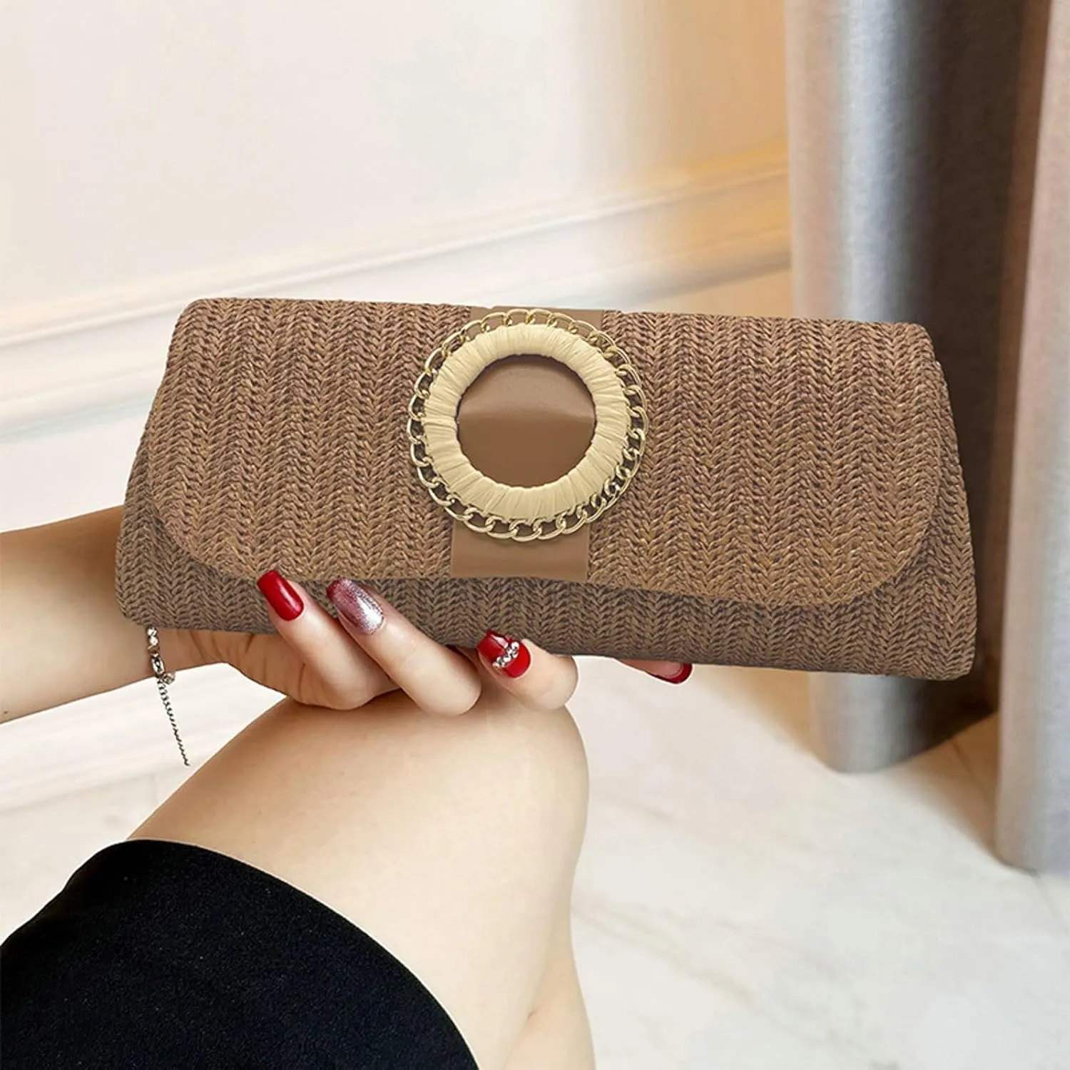 Straw Woven Clutch Purse 2025 Summer Boho Evening Handbag Chain Crossbody Bag Flap Envelope Vacation