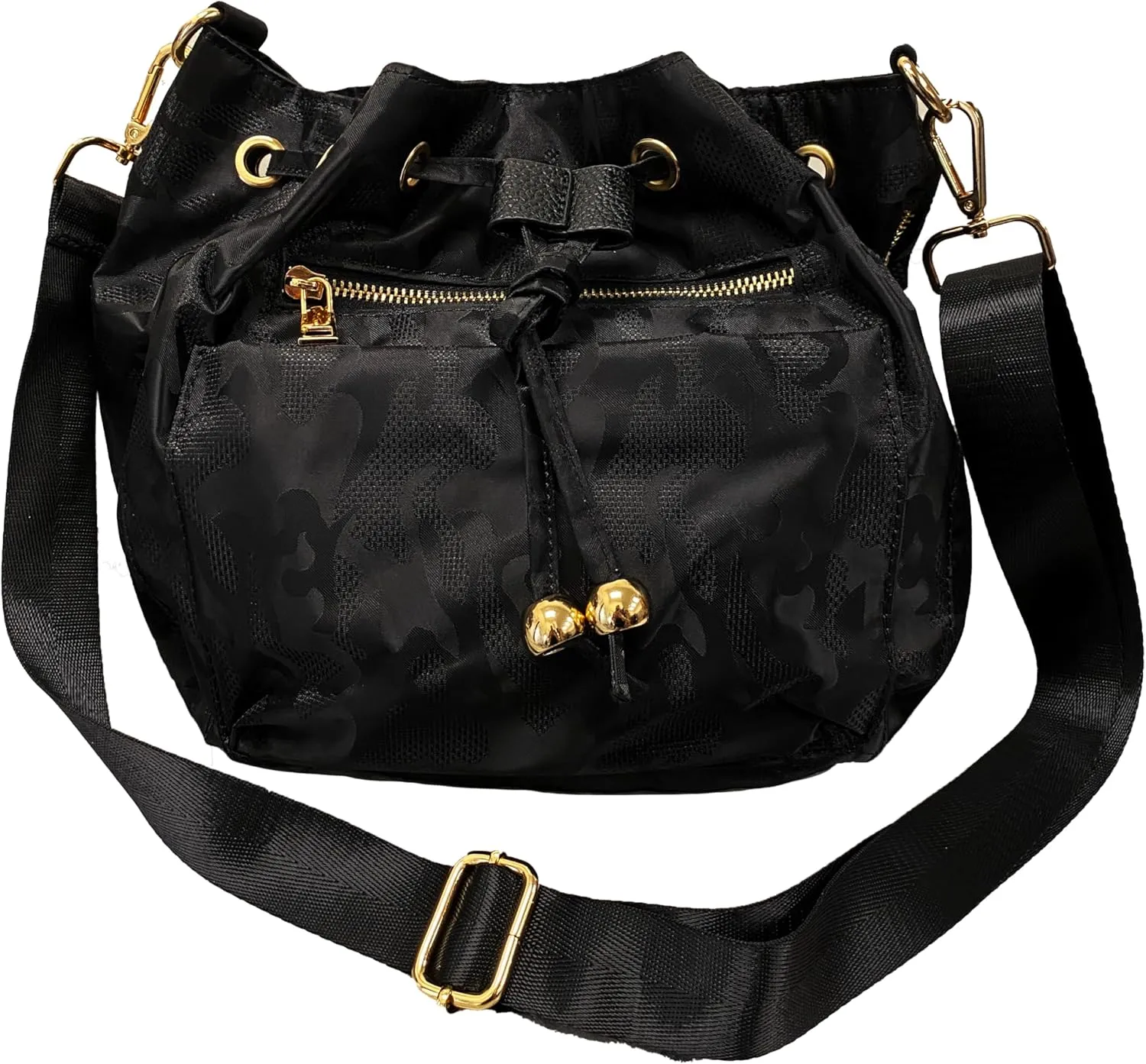 Stylish Premium Nylon Bucket Bag with 7 Zipper Pockets - Premium Drawstring Bucket Bag Purse for Women