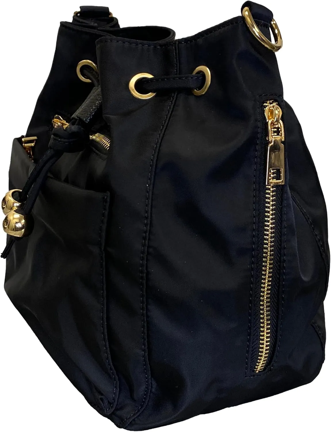 Stylish Premium Nylon Bucket Bag with 7 Zipper Pockets - Premium Drawstring Bucket Bag Purse for Women