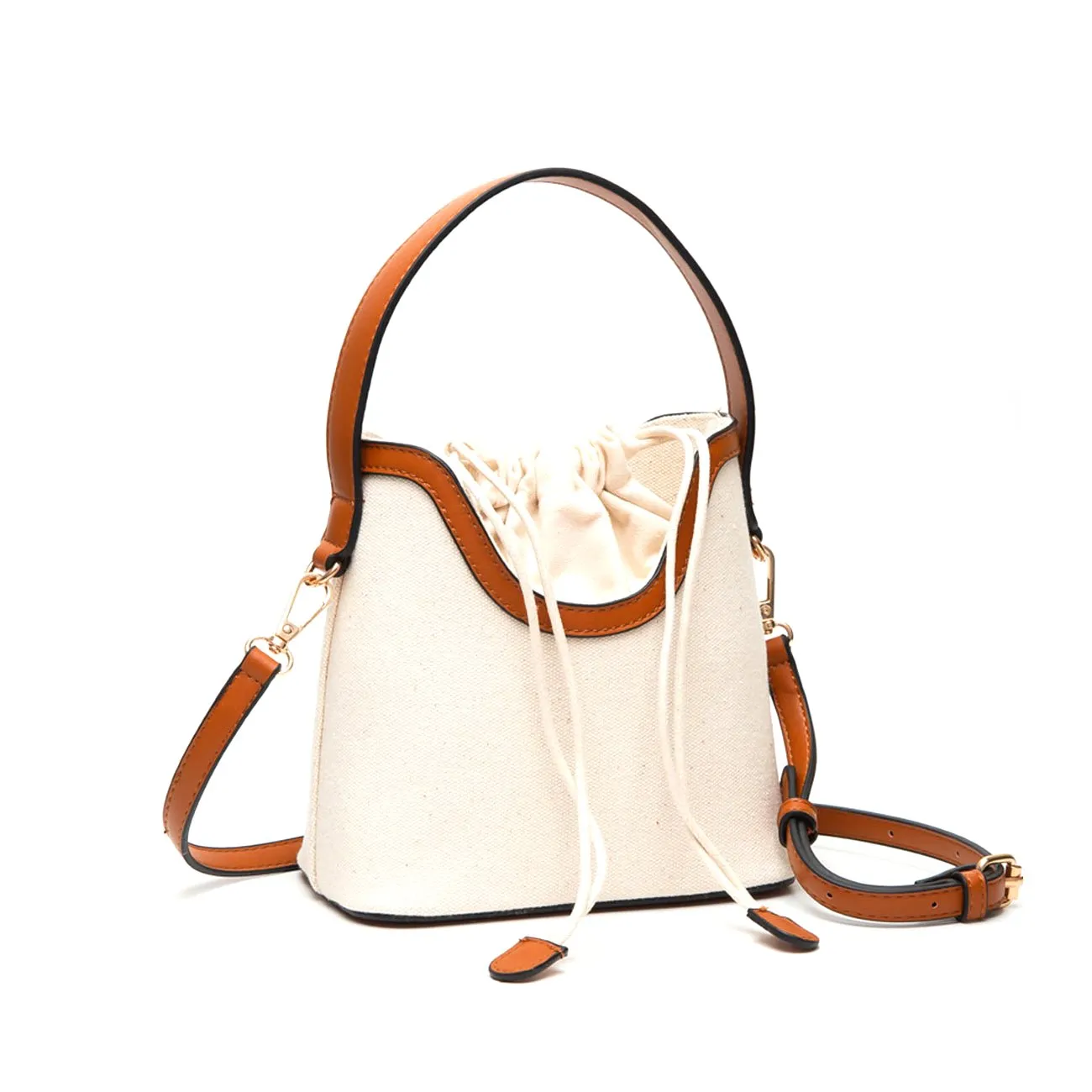 Stylish Tan Mini Canvas Bucket Crossbody Bag