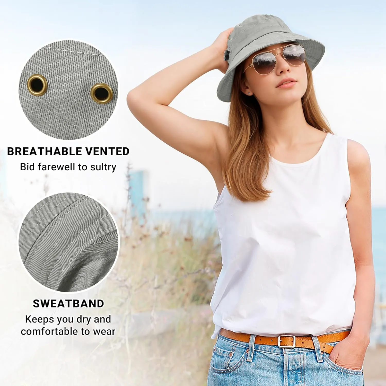 Sukeen Cotton Bucket Hat for Men Women Adjustable Knob Sun Hat UPF 50  Wide Brim Fishing Hat for Walking Daily Outdoor