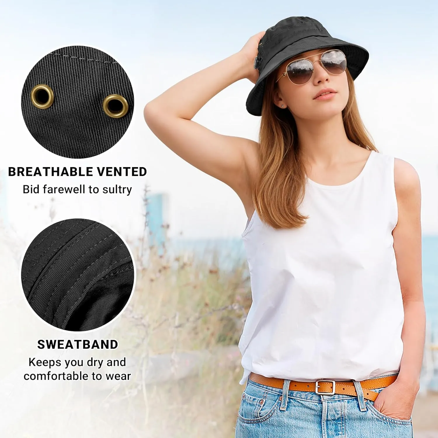 Sukeen Cotton Bucket Hat for Men Women Adjustable Knob Sun Hat UPF 50  Wide Brim Fishing Hat for Walking Daily Outdoor