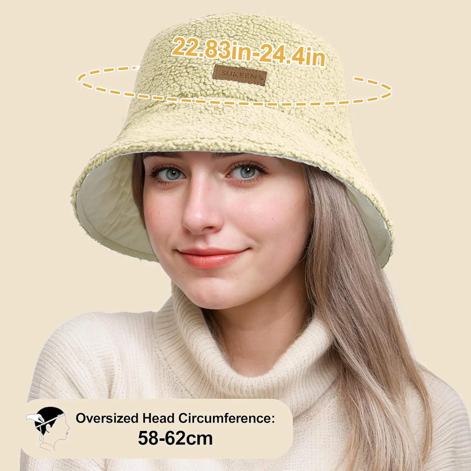 Sukeen Oversized Winter Bucket Hat for Big Heads Large Faux Fur Bucket Hat Fluffy Warm Hat Trendy Fisherman Cap for Daily