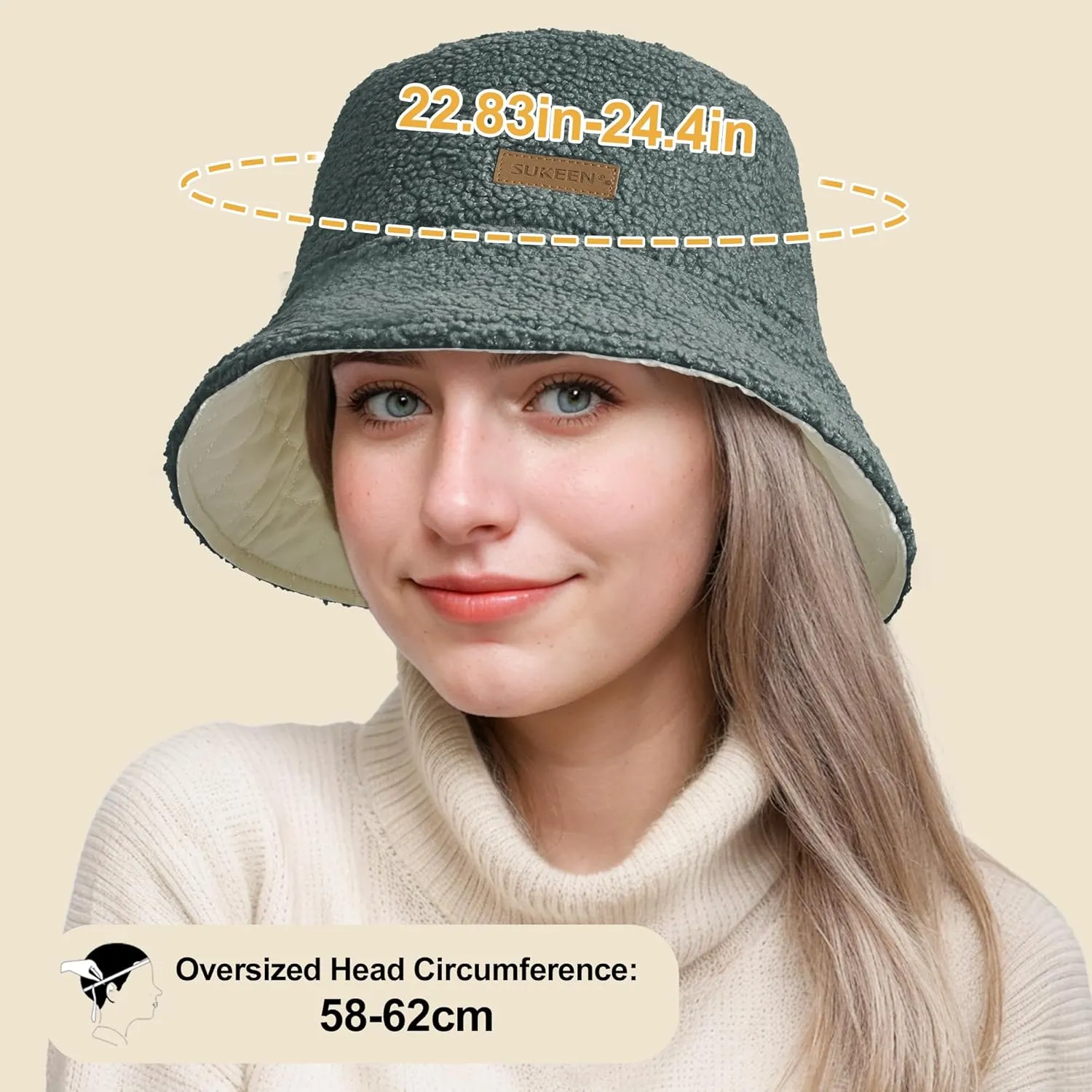 Sukeen Oversized Winter Bucket Hat for Big Heads Large Faux Fur Bucket Hat Fluffy Warm Hat Trendy Fisherman Cap for Daily