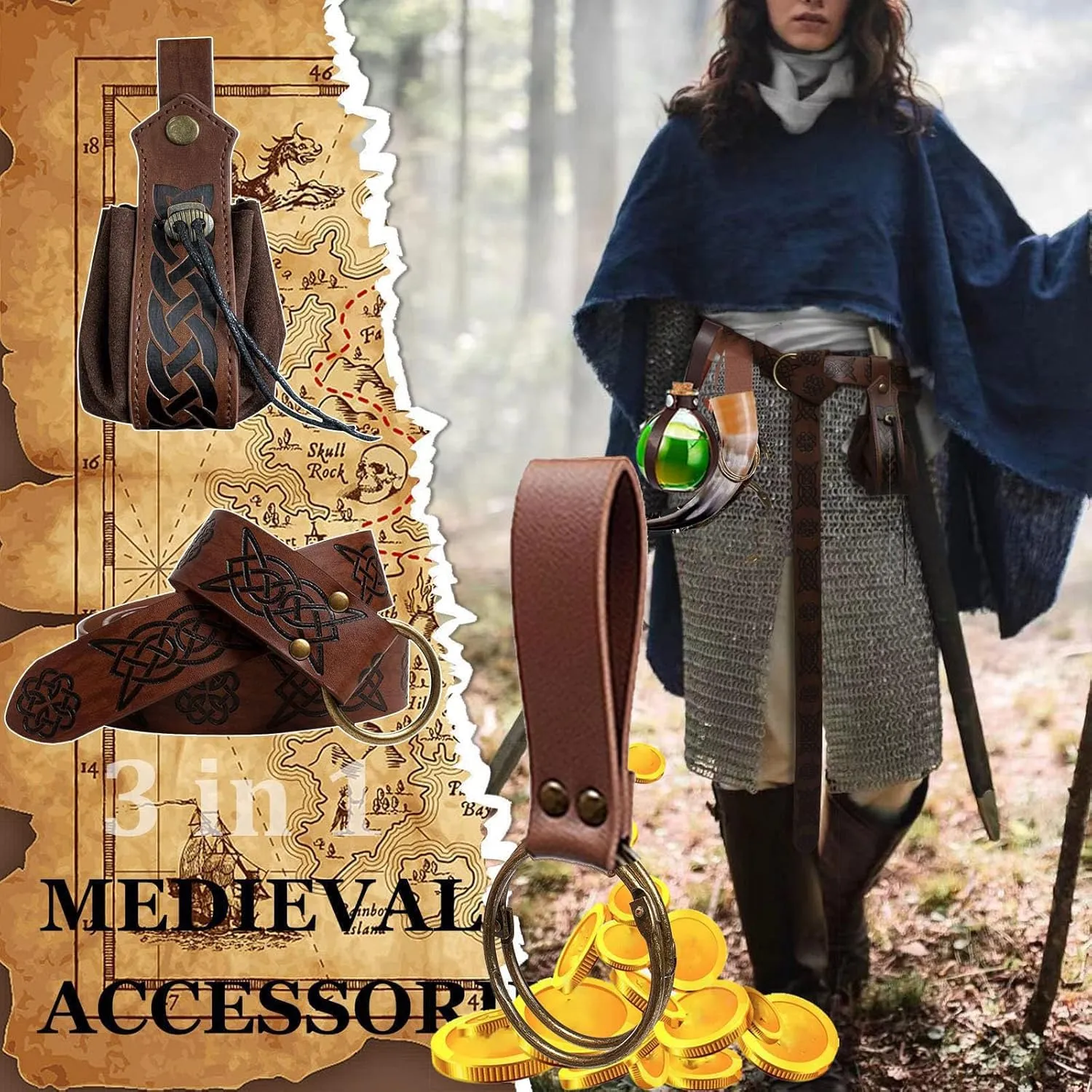 SUMGOGO 4 Pcs Halloween Renaissance Belt Pouch Witch Bottle Skirt Hikes Medieval Viking Pirate Leather Belt Costume Set