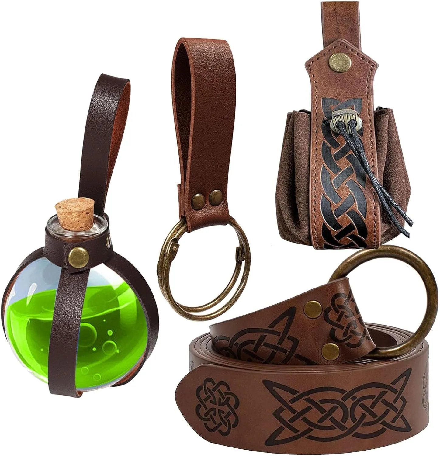 SUMGOGO 4 Pcs Halloween Renaissance Belt Pouch Witch Bottle Skirt Hikes Medieval Viking Pirate Leather Belt Costume Set