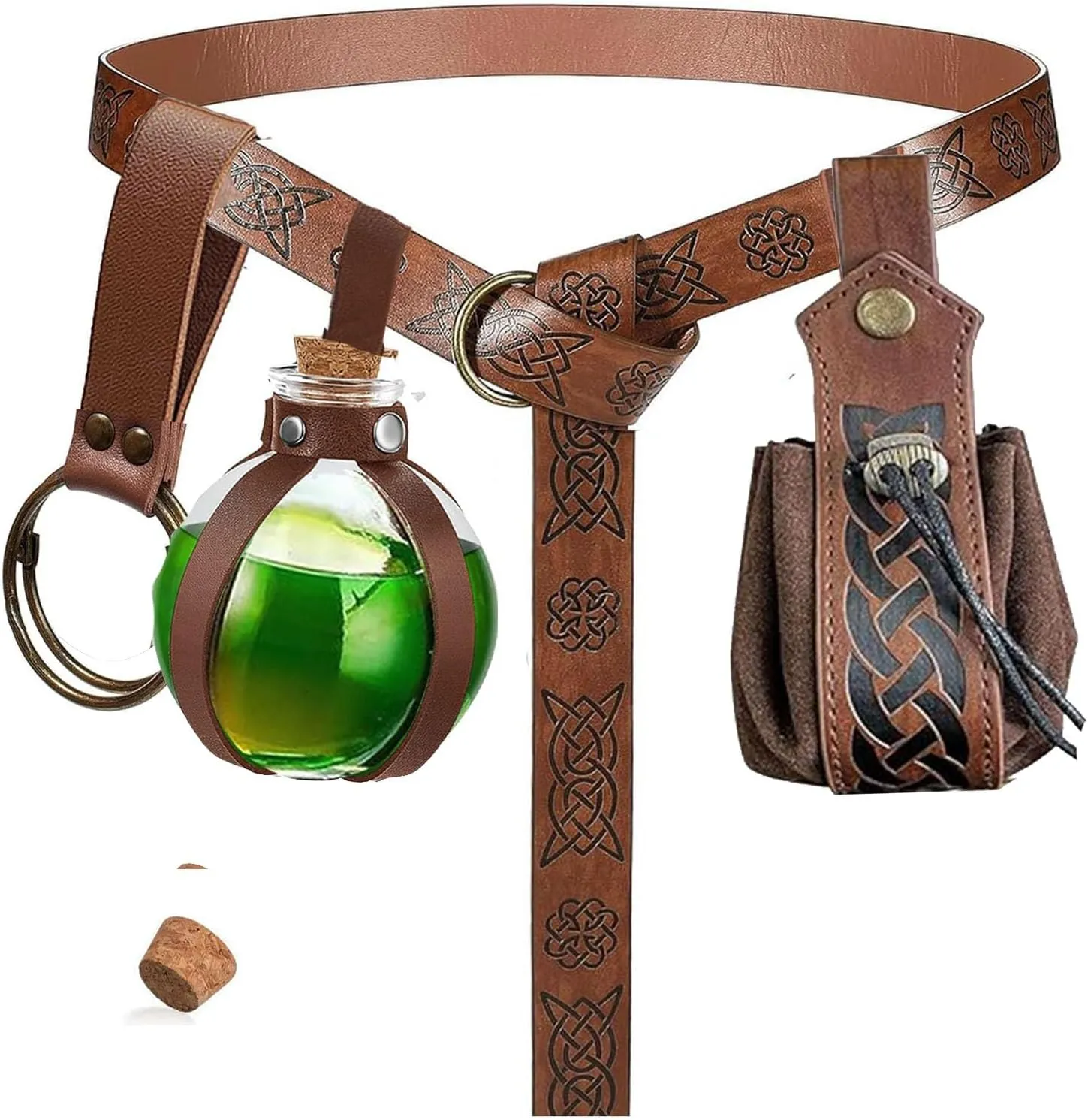 SUMGOGO 4 Pcs Halloween Renaissance Belt Pouch Witch Bottle Skirt Hikes Medieval Viking Pirate Leather Belt Costume Set