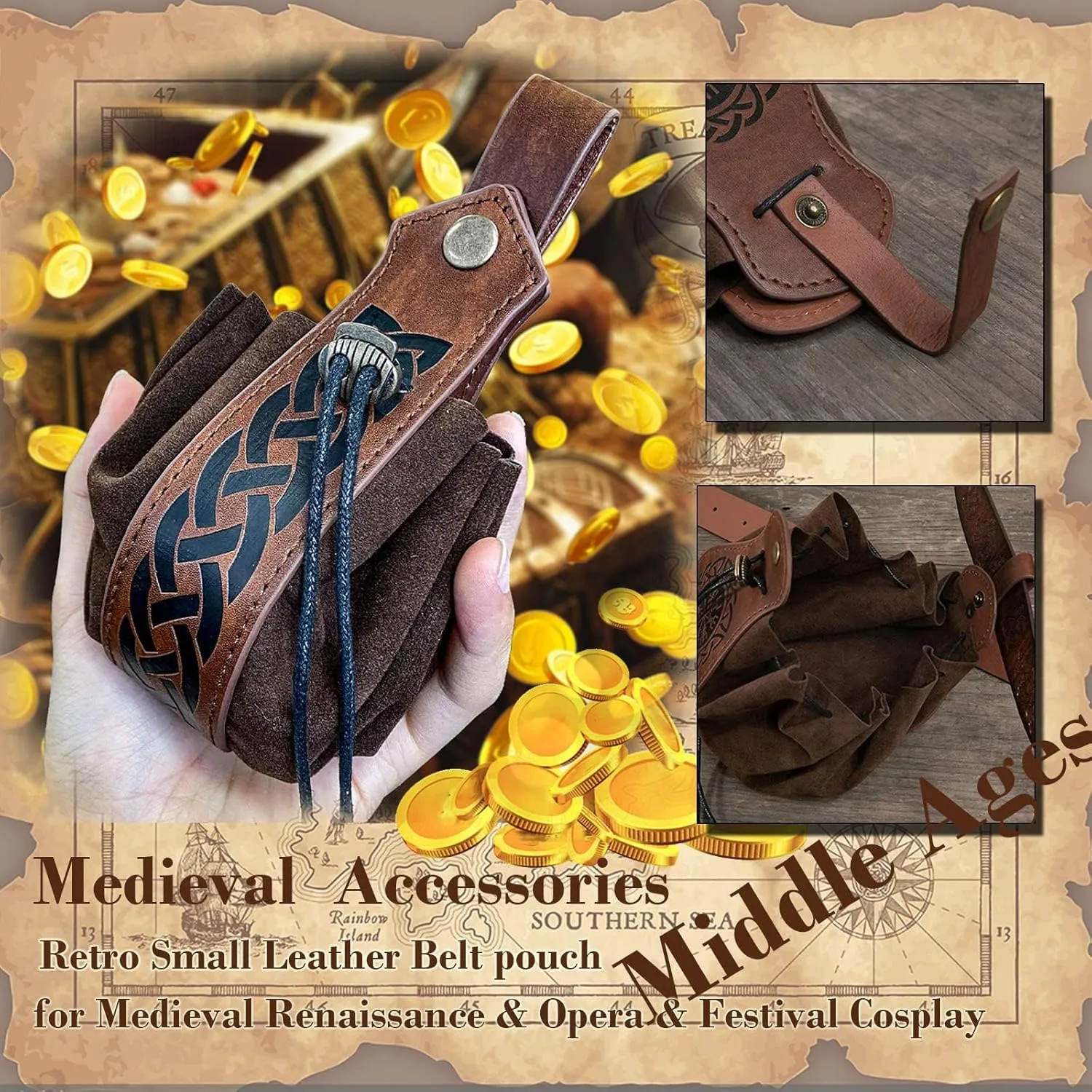 SUMGOGO 4 Pcs Halloween Renaissance Belt Pouch Witch Bottle Skirt Hikes Medieval Viking Pirate Leather Belt Costume Set