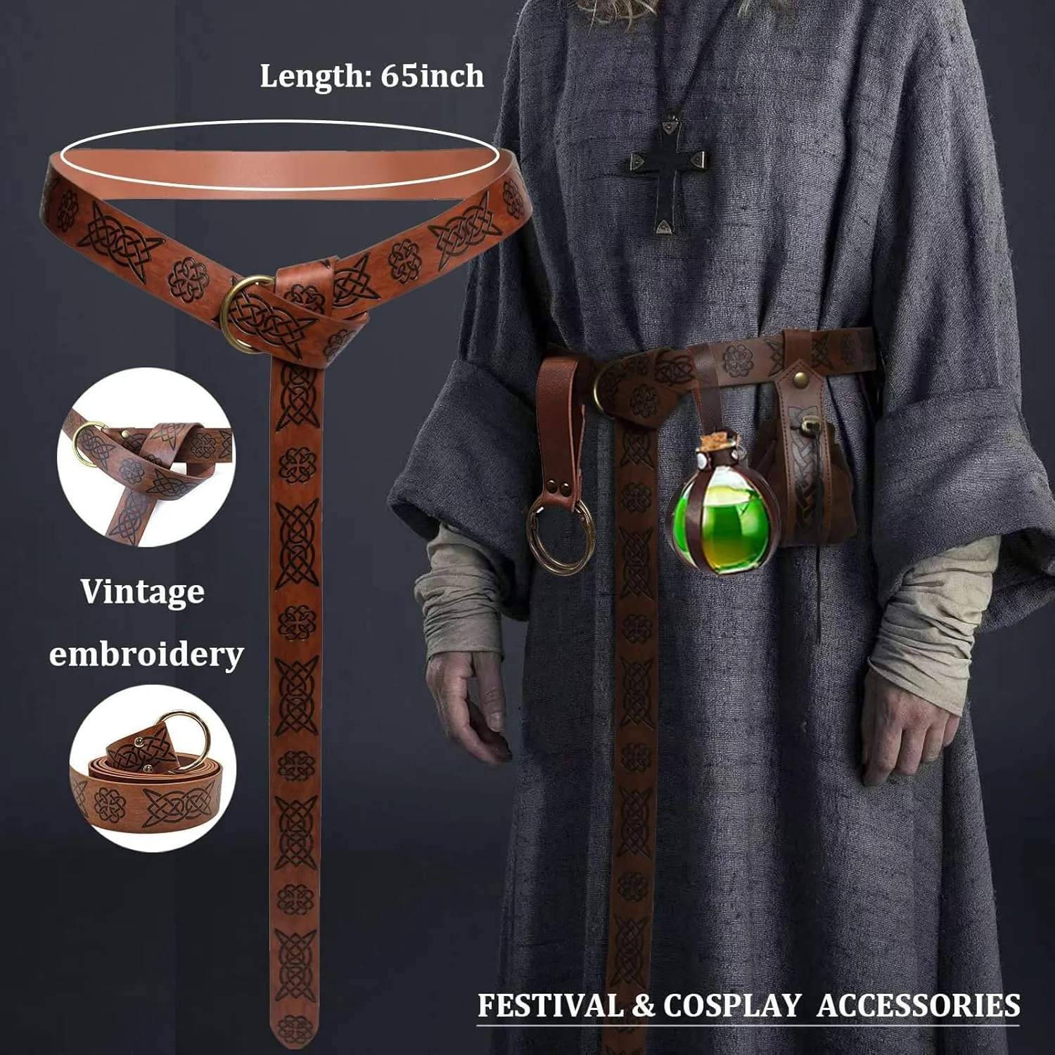 SUMGOGO 4 Pcs Halloween Renaissance Belt Pouch Witch Bottle Skirt Hikes Medieval Viking Pirate Leather Belt Costume Set