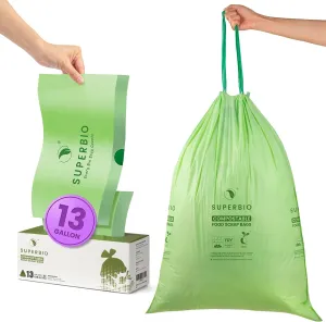 SUPERBl0 13 Gallon compostable Drawstring Kitchen Waste Bag, 49.2 Liter, 30 Count,1 MilsHeavy Duty Food Scrap Bags, BPl, Seedling and OK compost INDUSTRIAL