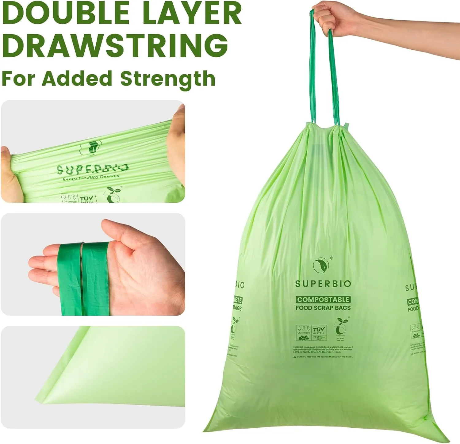 SUPERBl0 13 Gallon compostable Drawstring Kitchen Waste Bag, 49.2 Liter, 30 Count,1 MilsHeavy Duty Food Scrap Bags, BPl, Seedling and OK compost INDUSTRIAL