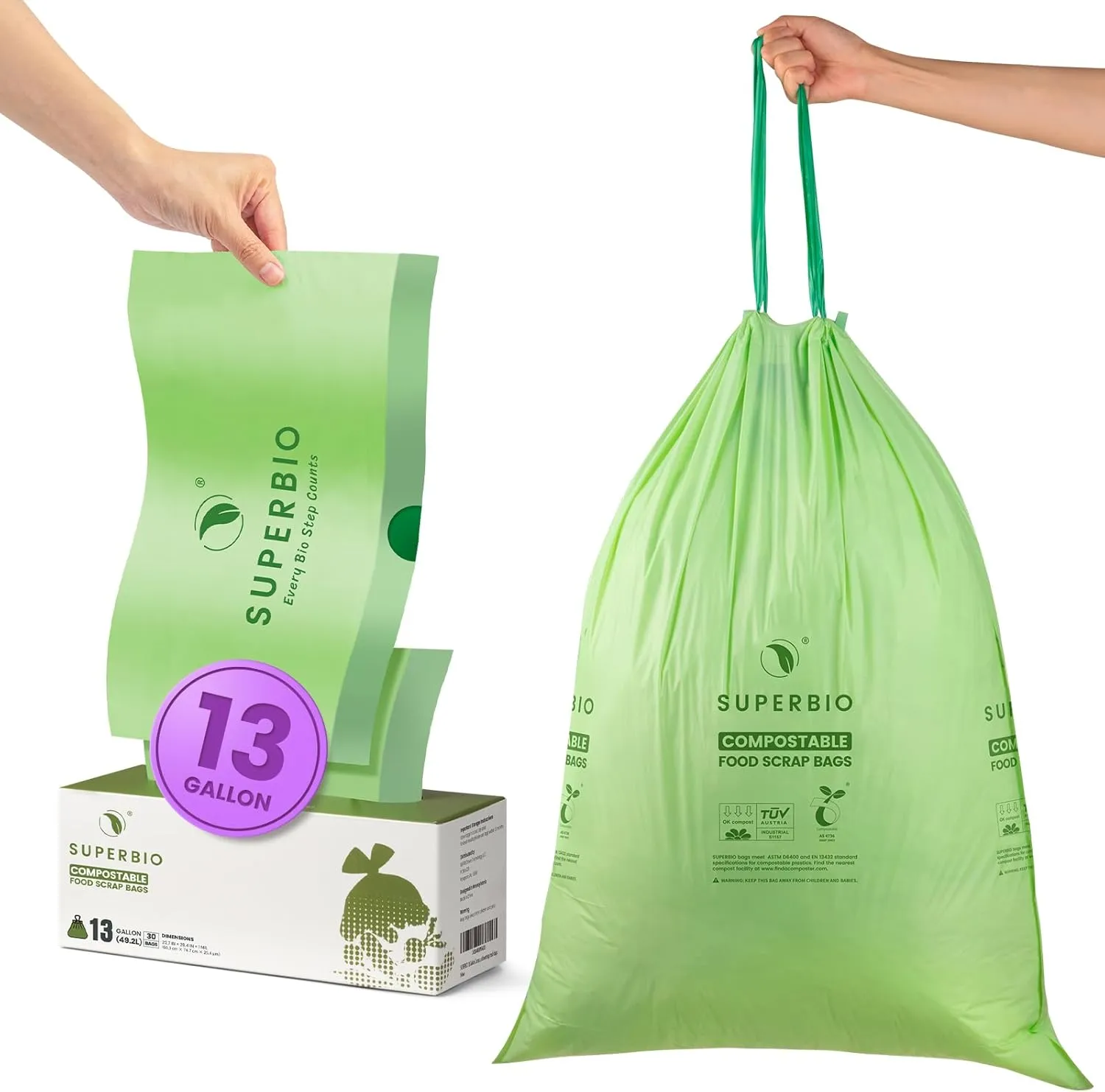 SUPERBl0 13 Gallon compostable Drawstring Kitchen Waste Bag, 49.2 Liter, 30 Count,1 MilsHeavy Duty Food Scrap Bags, BPl, Seedling and OK compost INDUSTRIAL
