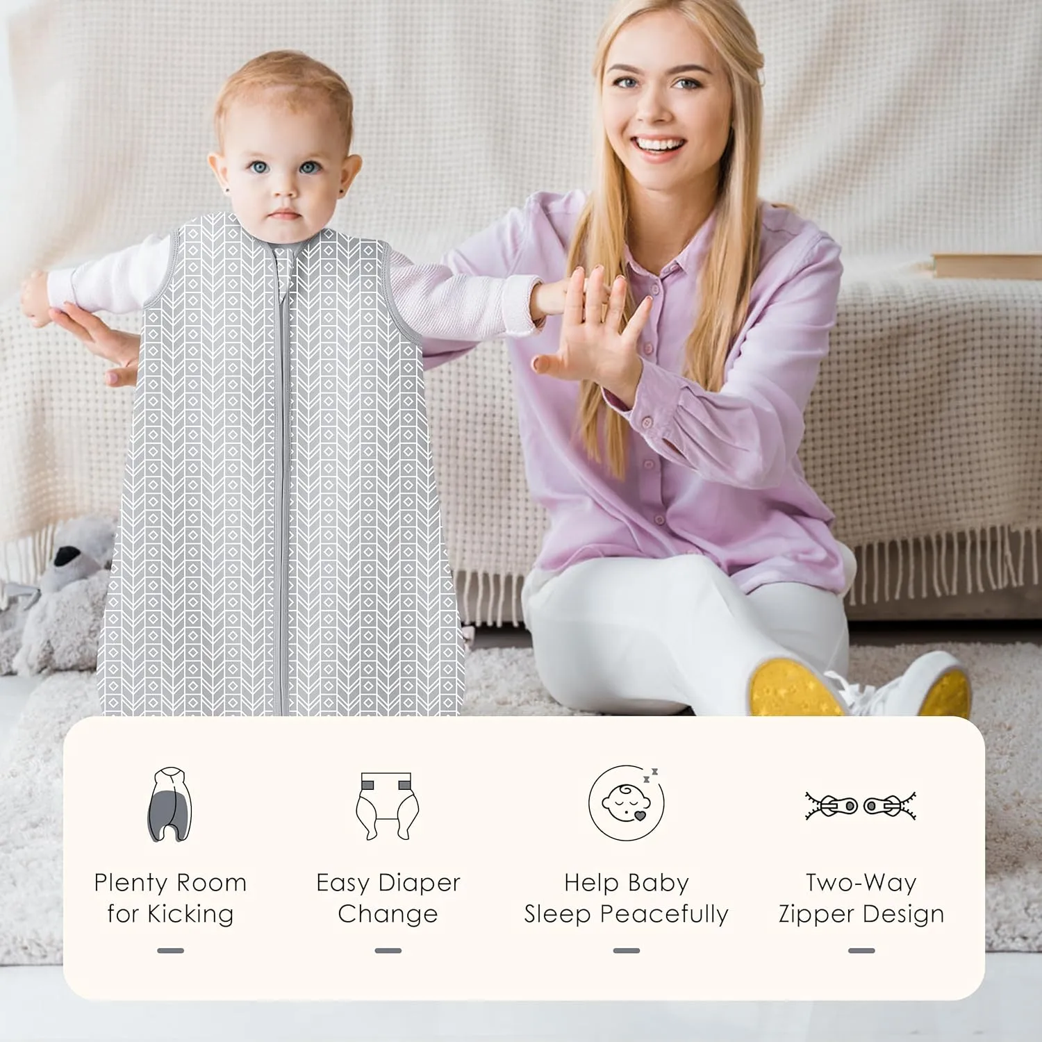 SWEET DOLPHIN Baby Sleep Sack 18-24 Months - 100% Cotton 2-Way Zipper TOG 0.5 Infant Wearable Blanket, Newborn Essentials Toddler 3 Pack Sleeping Sacks - Grey