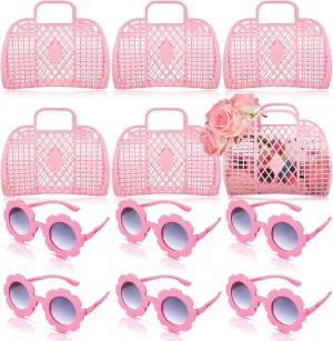 Sweetude 12 Pcs Jelly Bags with Sunglasses Jelly Purse Basket Reusable Tote Beach Handbags for Women Girls Kid