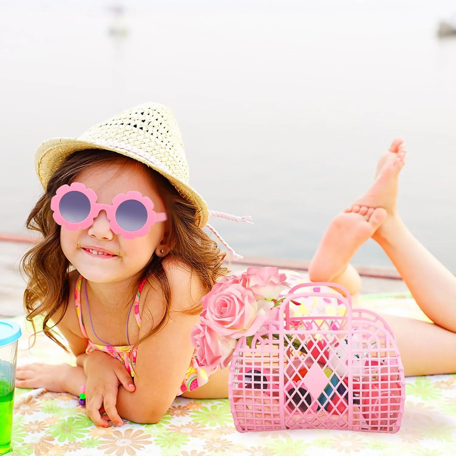 Sweetude 12 Pcs Jelly Bags with Sunglasses Jelly Purse Basket Reusable Tote Beach Handbags for Women Girls Kid