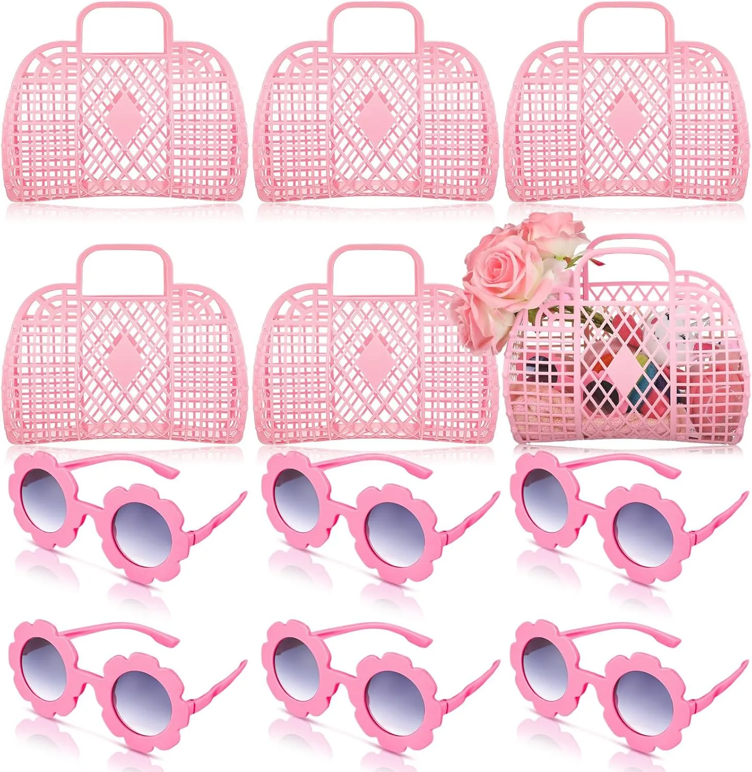 Sweetude 12 Pcs Jelly Bags with Sunglasses Jelly Purse Basket Reusable Tote Beach Handbags for Women Girls Kid