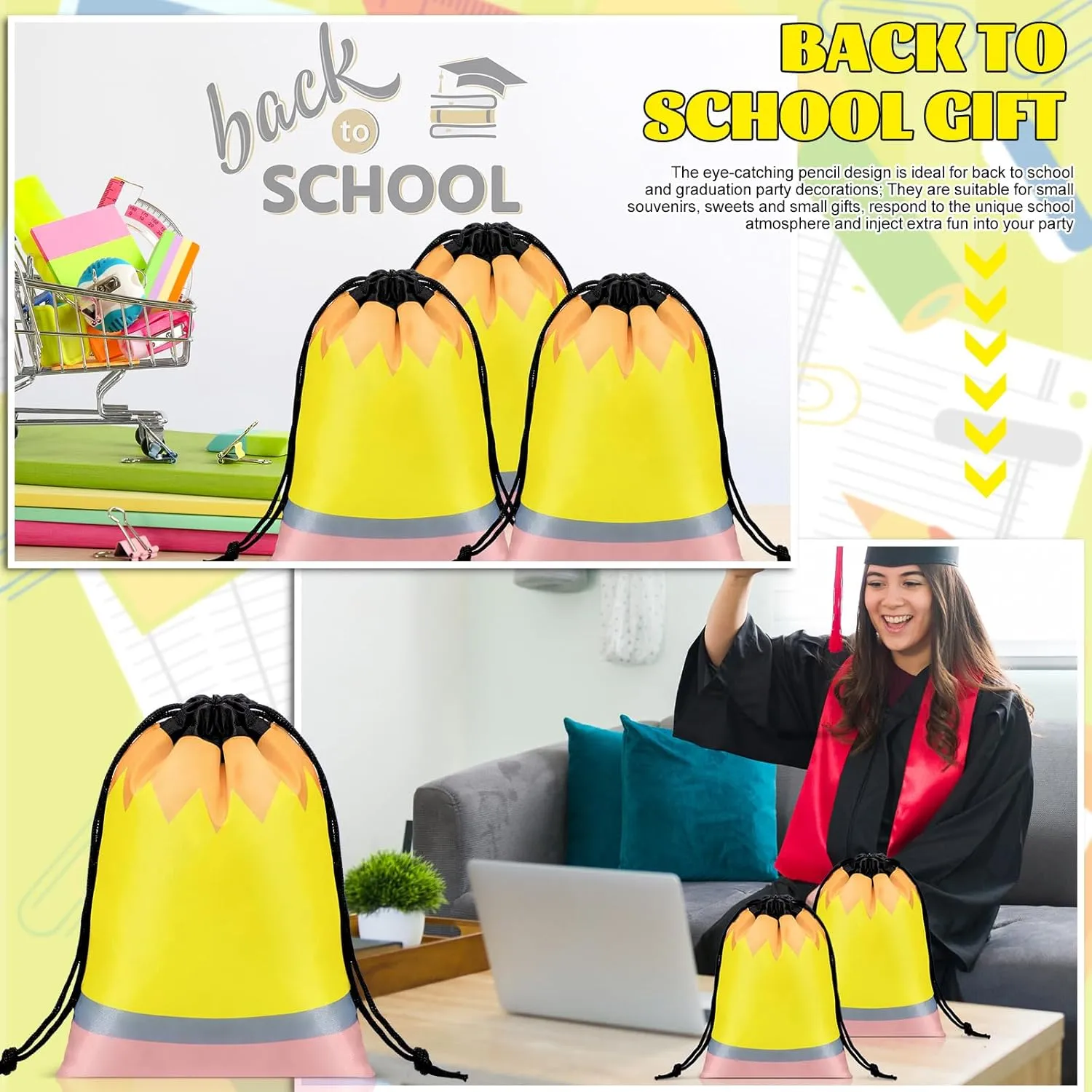 Sweetude 24 Pcs Pencil Drawstring Bags 10 x 7 Inch Preschool Graduation Gift Decoration Bulk Reusable Treat Bags Back to School Party Favor Birthday Party Supplies(Yellow)
