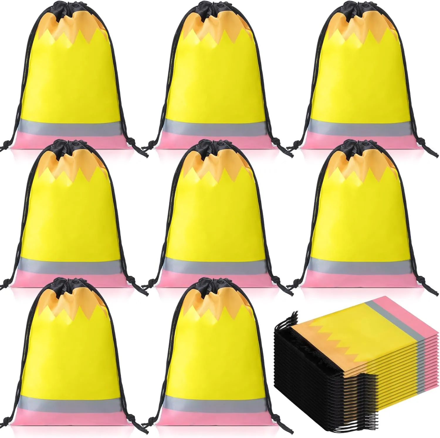 Sweetude 24 Pcs Pencil Drawstring Bags 10 x 7 Inch Preschool Graduation Gift Decoration Bulk Reusable Treat Bags Back to School Party Favor Birthday Party Supplies(Yellow)