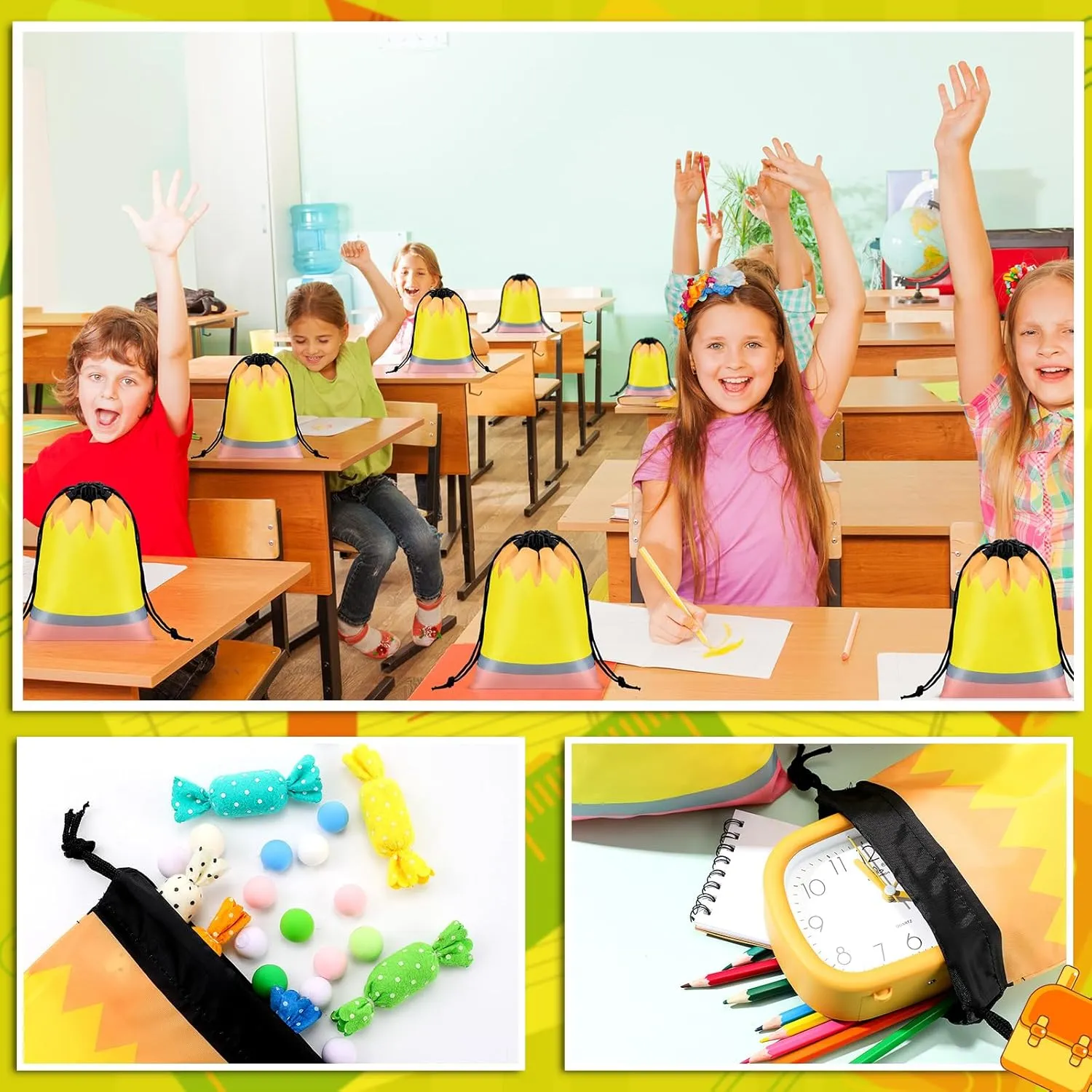Sweetude 24 Pcs Pencil Drawstring Bags 10 x 7 Inch Preschool Graduation Gift Decoration Bulk Reusable Treat Bags Back to School Party Favor Birthday Party Supplies(Yellow)
