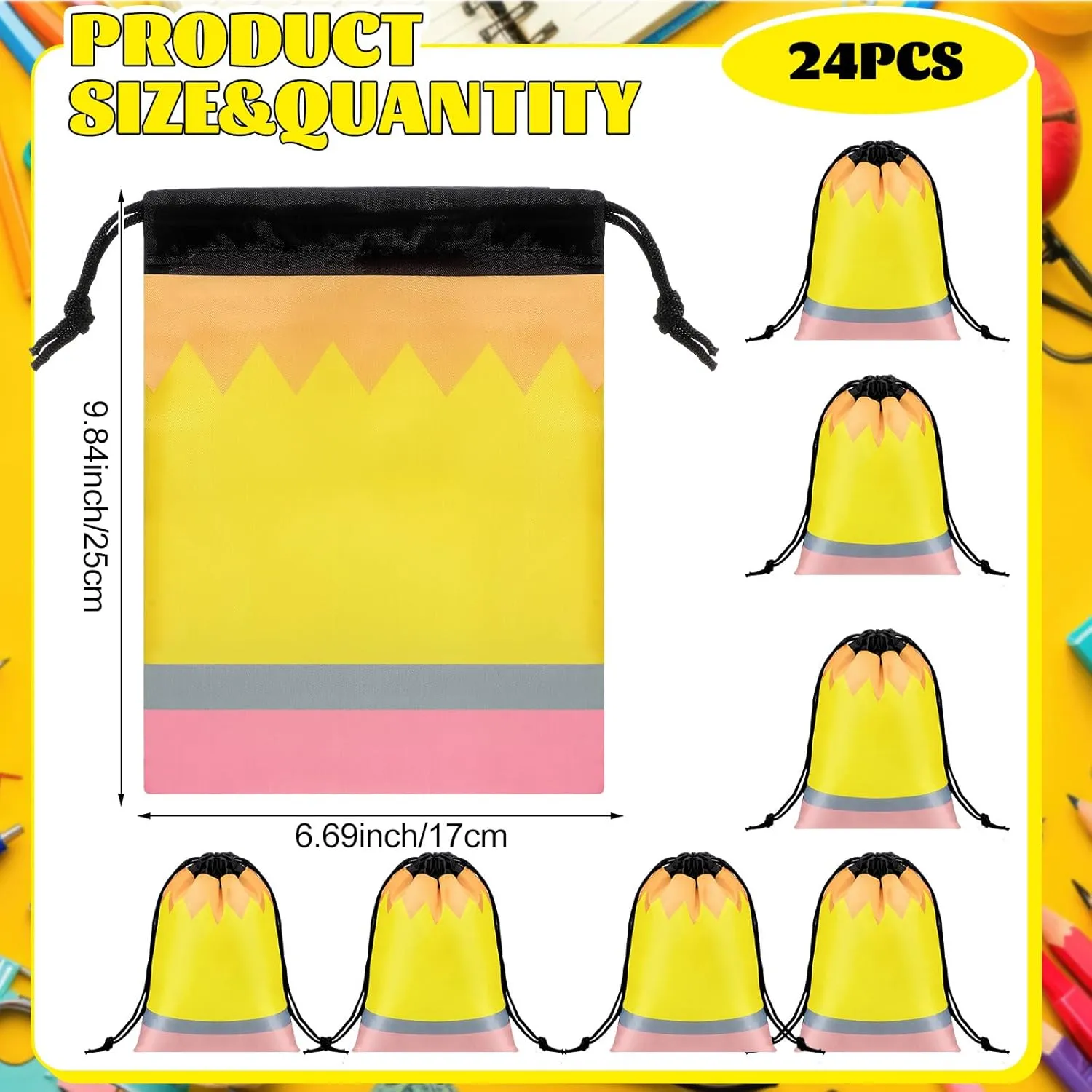 Sweetude 24 Pcs Pencil Drawstring Bags 10 x 7 Inch Preschool Graduation Gift Decoration Bulk Reusable Treat Bags Back to School Party Favor Birthday Party Supplies(Yellow)