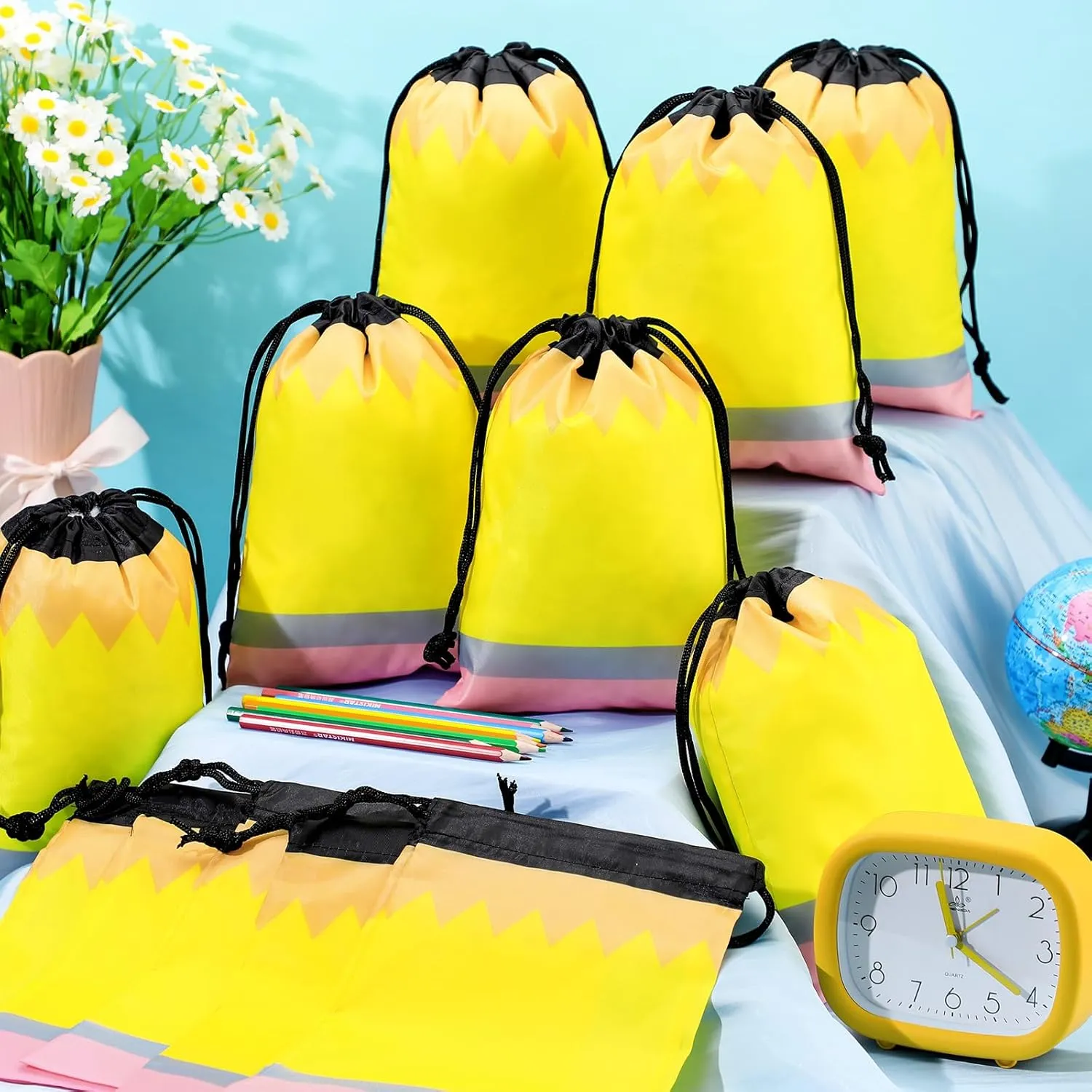 Sweetude 24 Pcs Pencil Drawstring Bags 10 x 7 Inch Preschool Graduation Gift Decoration Bulk Reusable Treat Bags Back to School Party Favor Birthday Party Supplies(Yellow)