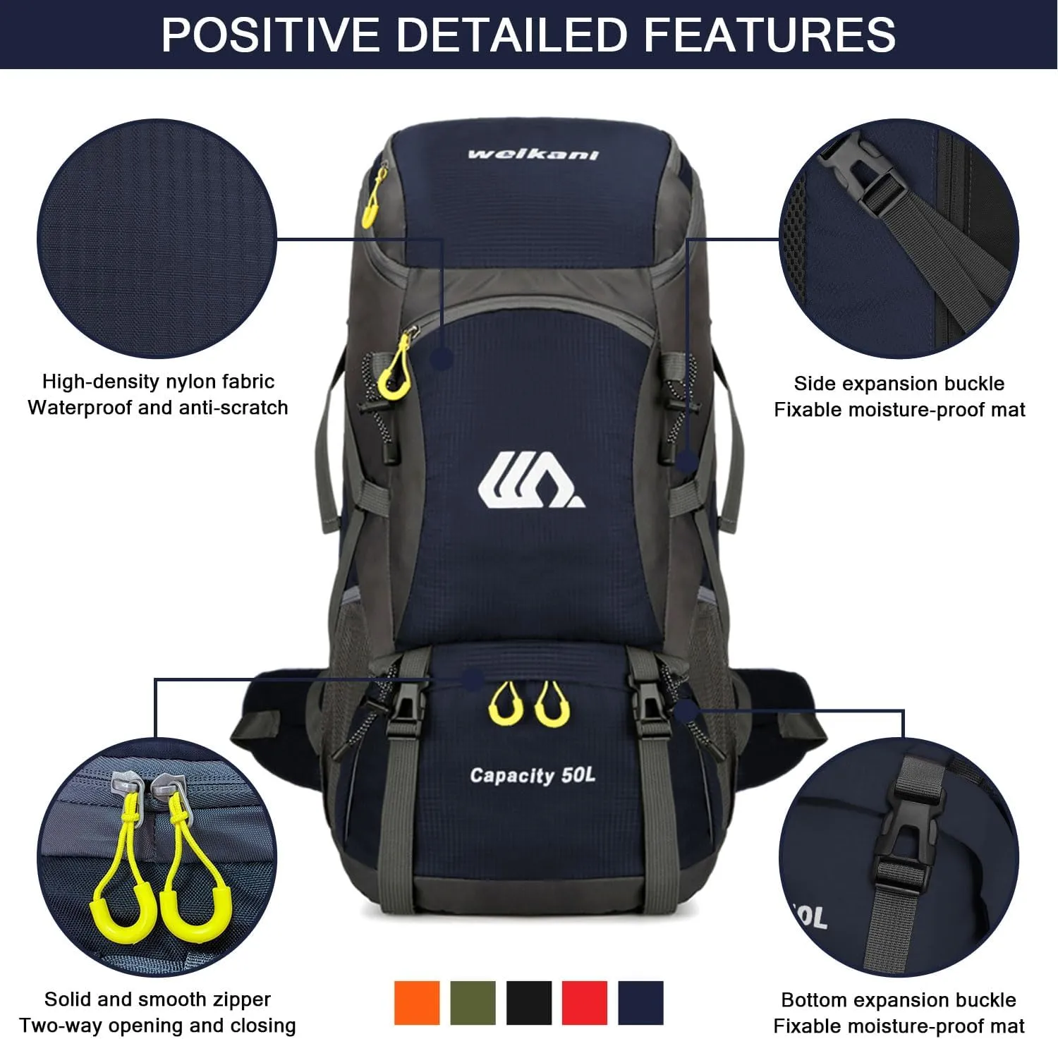 Taeku Hiking Daypack, 50L Waterproof Lightweight Backpack Travel Bag Climbing Backpacks for Outdoor Camping Travel (Blue)