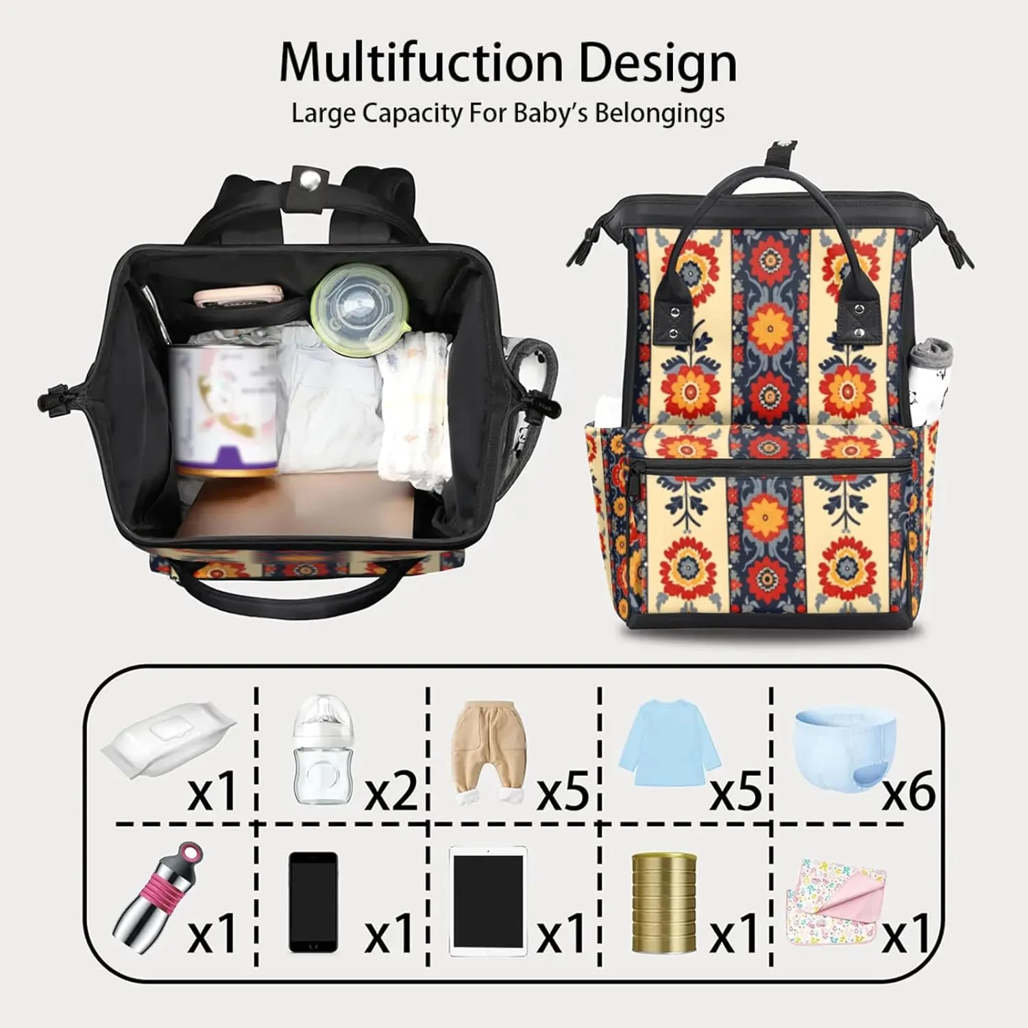 Tavisto Bold Cultural Bloom Double Shoulder Mommy Bag for Women, Polyester Large Capacity Diaper Backpack with Multi Pockets, Waterproof Adjustable Straps Diaper Bag for Moms Dads, 11''×7''×15.7''