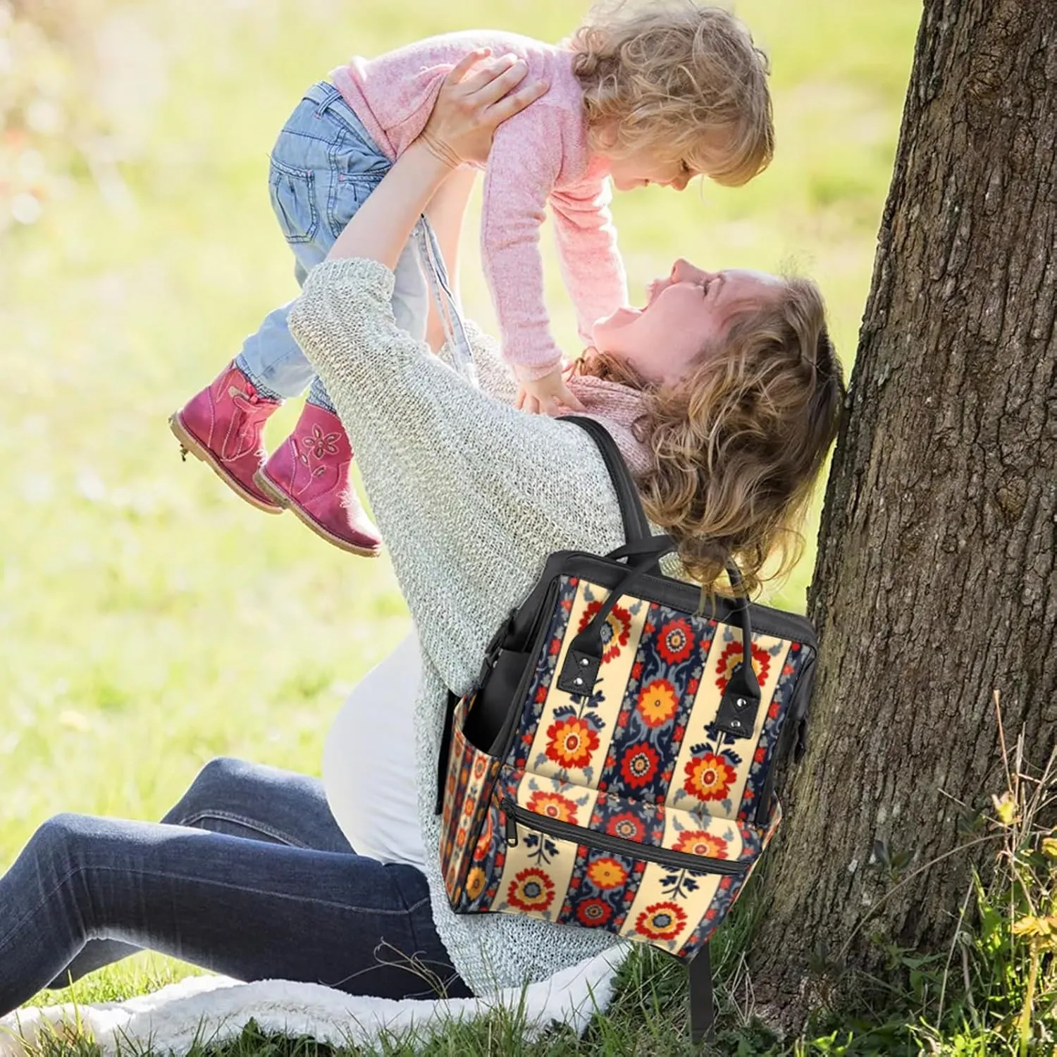 Tavisto Bold Cultural Bloom Double Shoulder Mommy Bag for Women, Polyester Large Capacity Diaper Backpack with Multi Pockets, Waterproof Adjustable Straps Diaper Bag for Moms Dads, 11''×7''×15.7''
